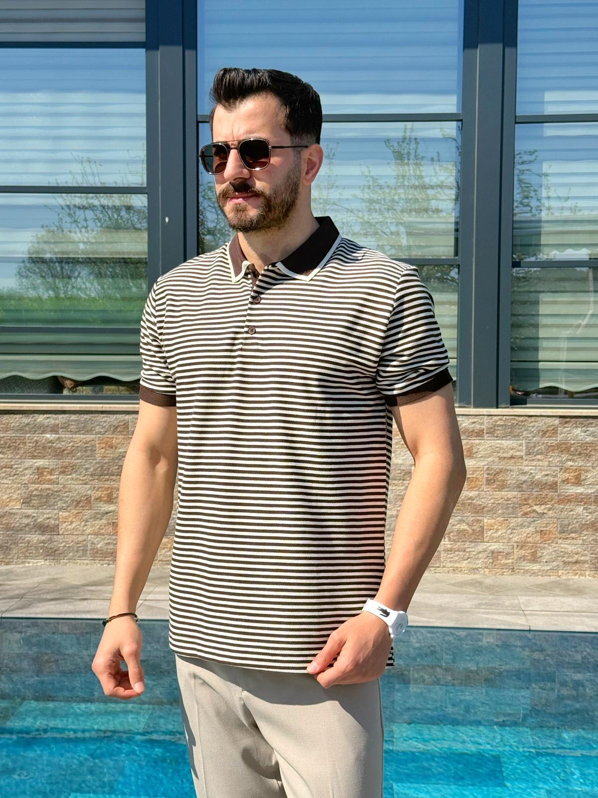 Kahverengi Şeritli Regular Kalıp Polo Yaka T-shirt