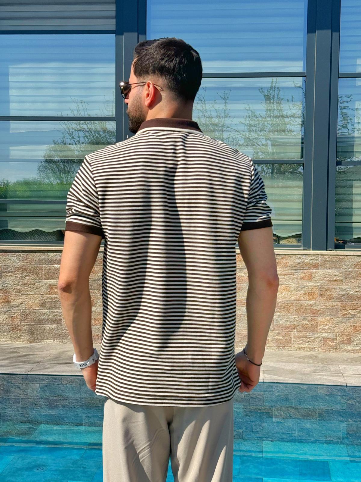 Kahverengi Şeritli Regular Kalıp Polo Yaka T-shirt