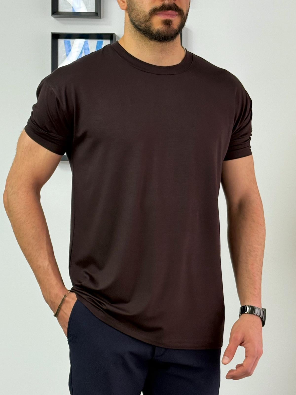 Kahverengi Süet Kumaş T-Shirt