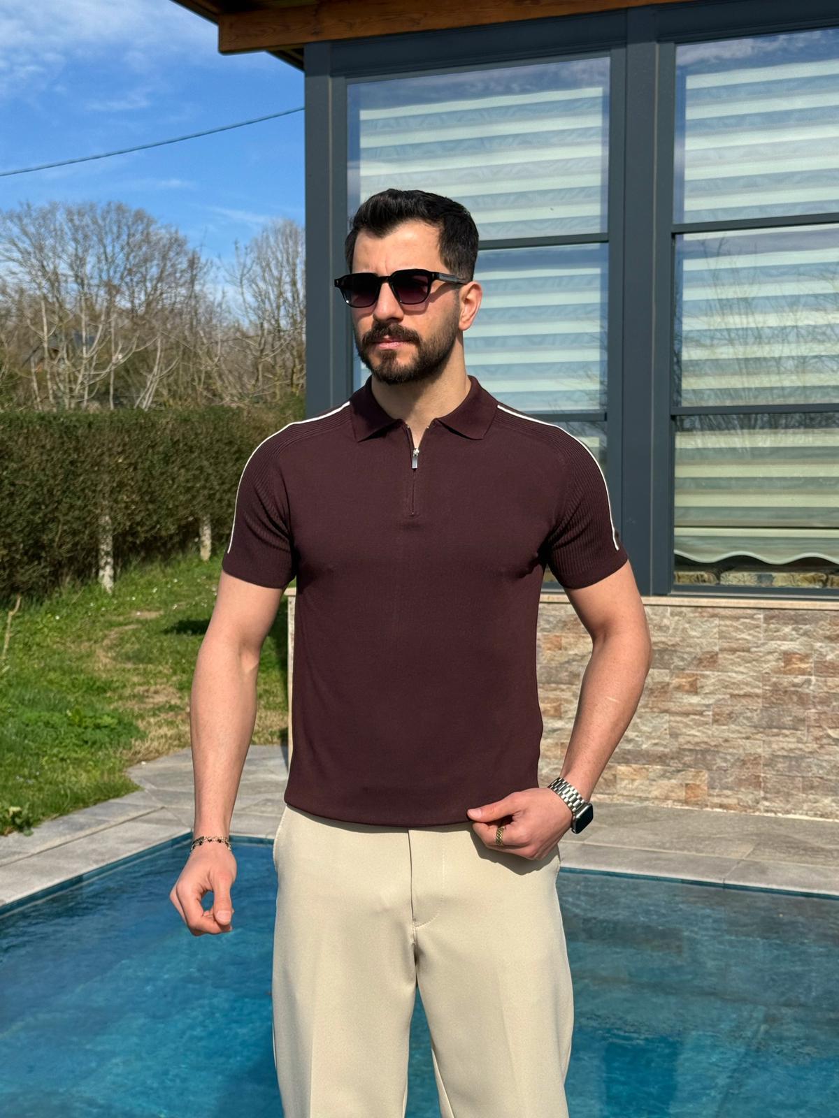 Kahverengi Tam Kalıp Omuz Şeritli Polo Yaka