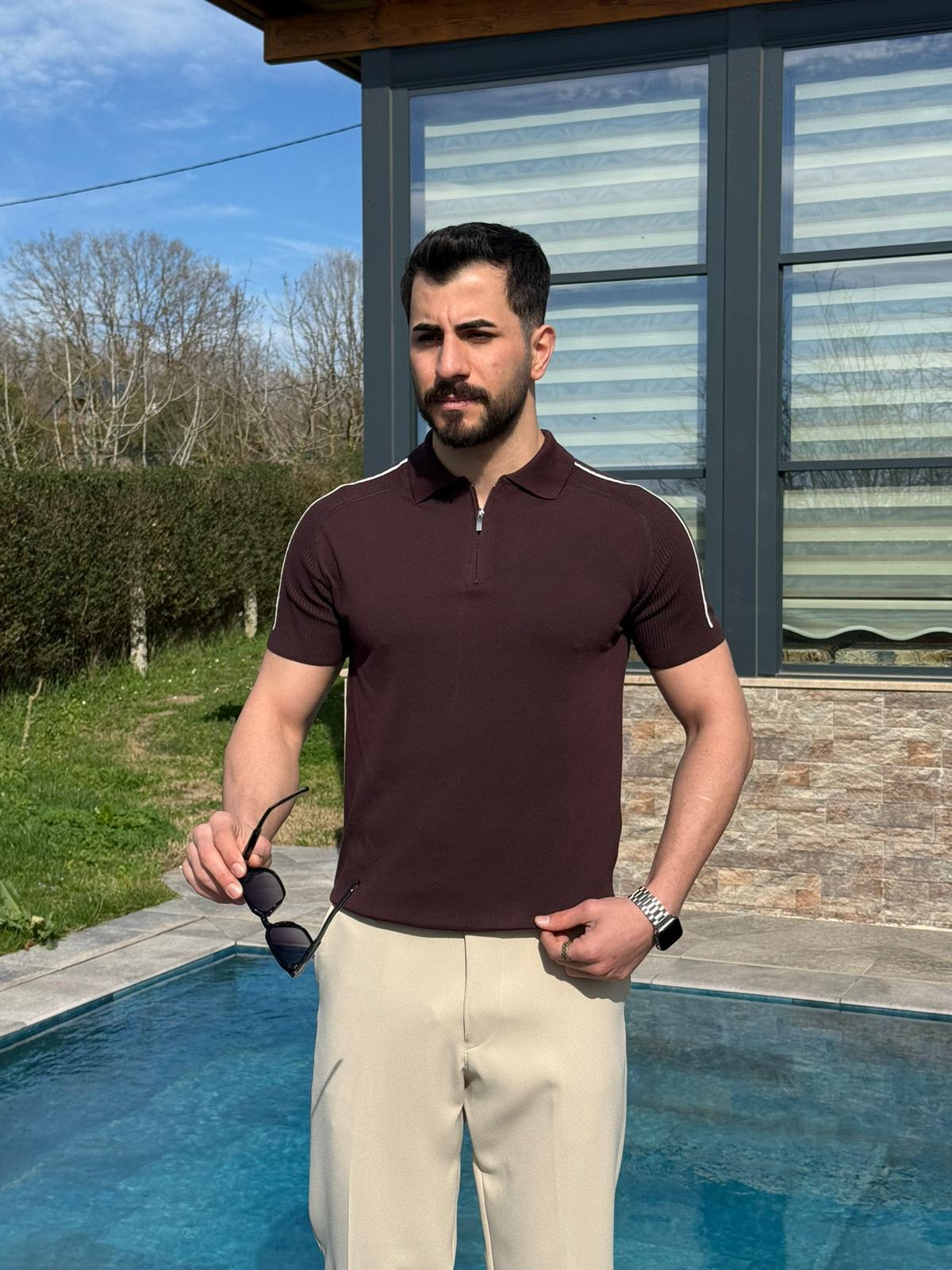 Kahverengi Tam Kalıp Omuz Şeritli Polo Yaka