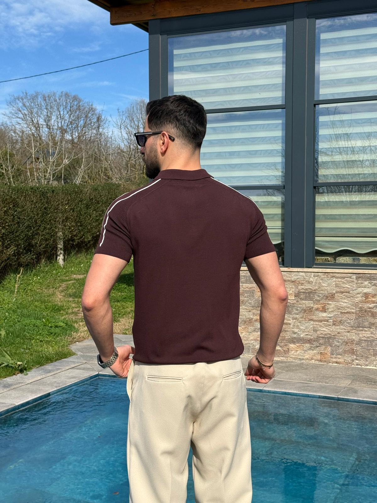 Kahverengi Tam Kalıp Omuz Şeritli Polo Yaka