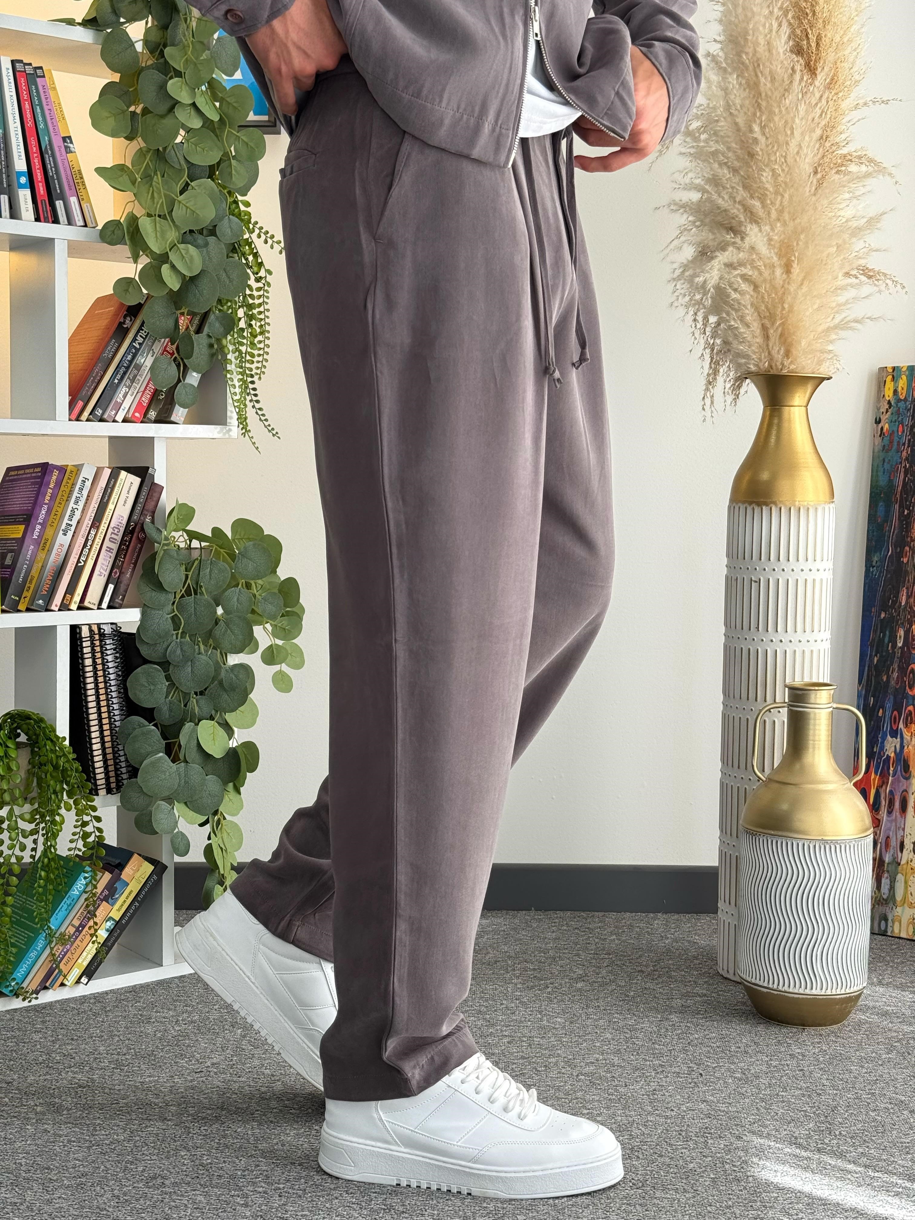 Kahverengi Tencel Dokulu Takım (Crop Tencel Ceket- Baggy Tensel Pantolon)