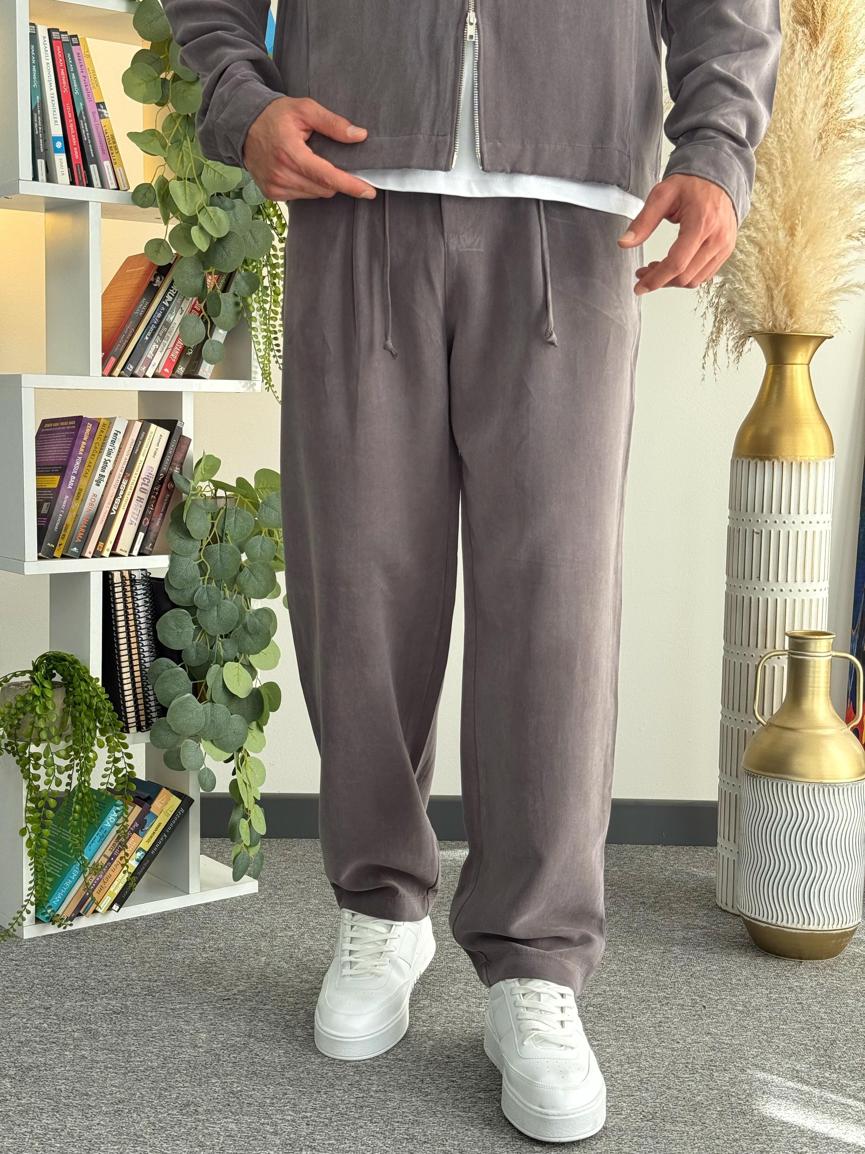 Kahverengi Tencel Dokulu Takım (Crop Tencel Ceket- Baggy Tensel Pantolon)
