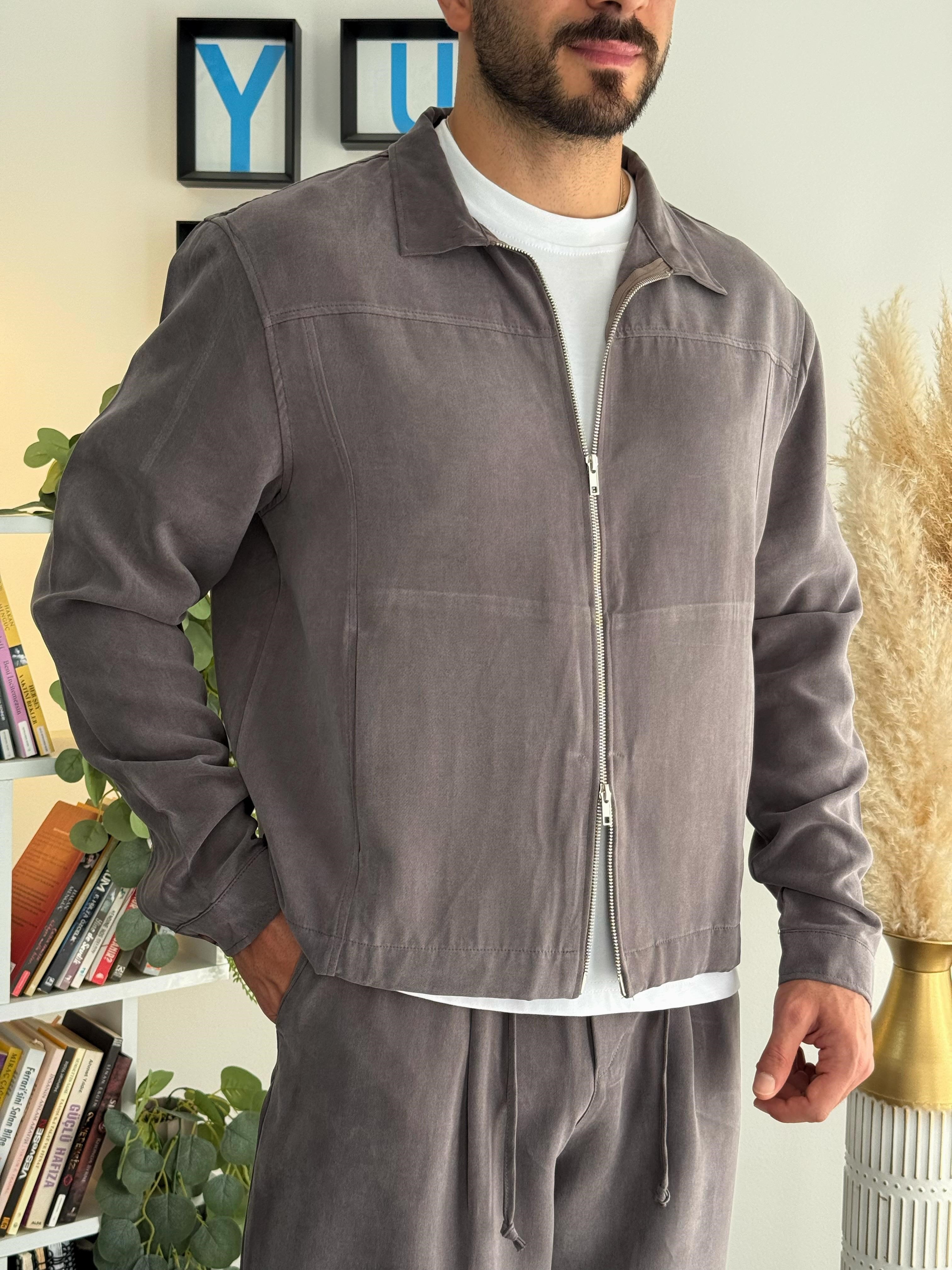 Kahverengi Tencel Dokulu Takım (Crop Tencel Ceket- Baggy Tensel Pantolon)