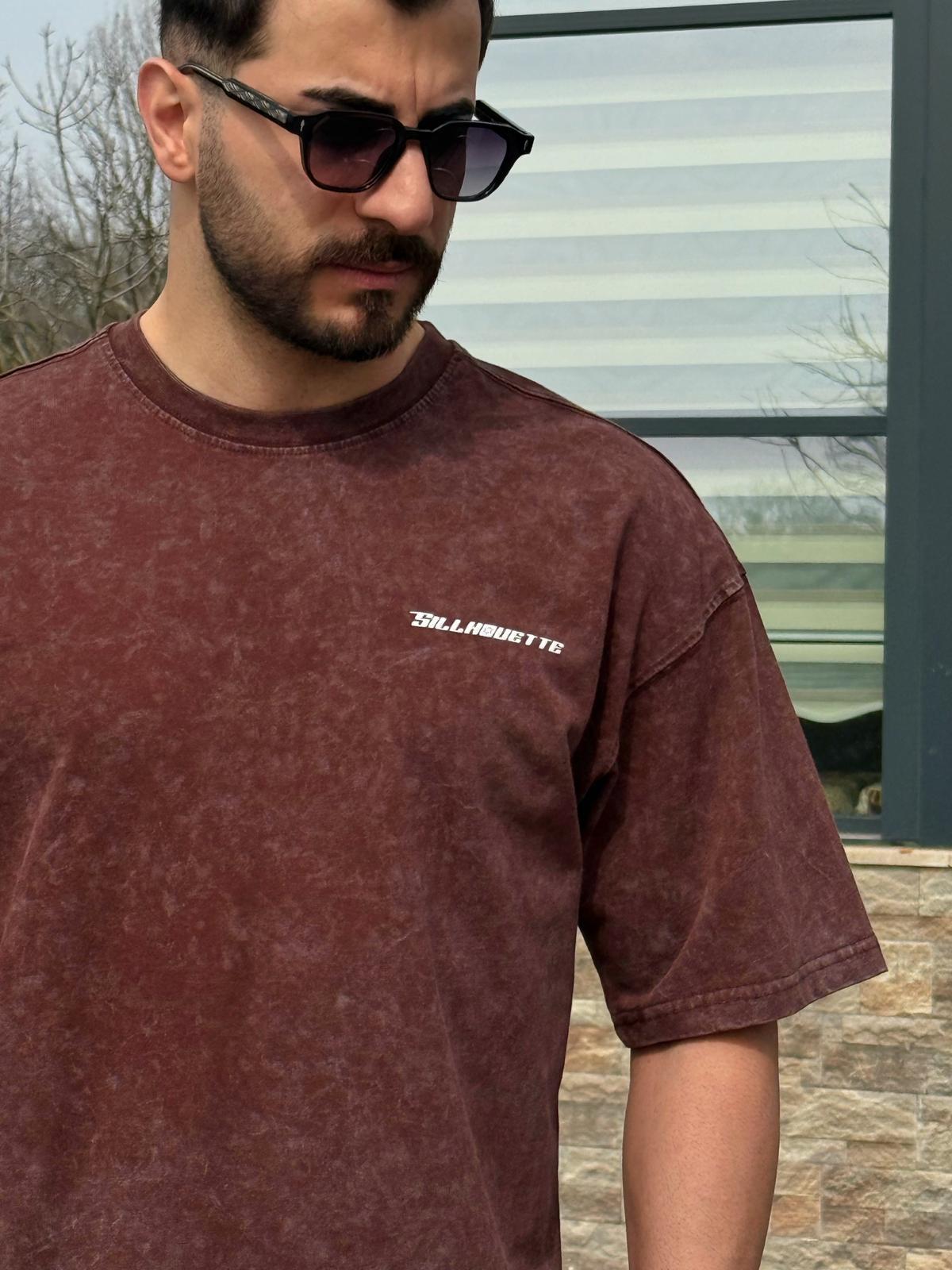 Kahverengi Vintage Yıkamalı 7 Baskılı Oversize T-Shirt