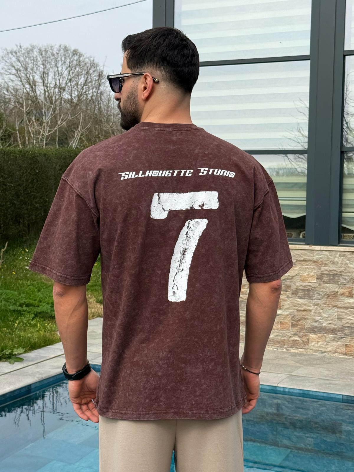 Kahverengi Vintage Yıkamalı 7 Baskılı Oversize T-Shirt