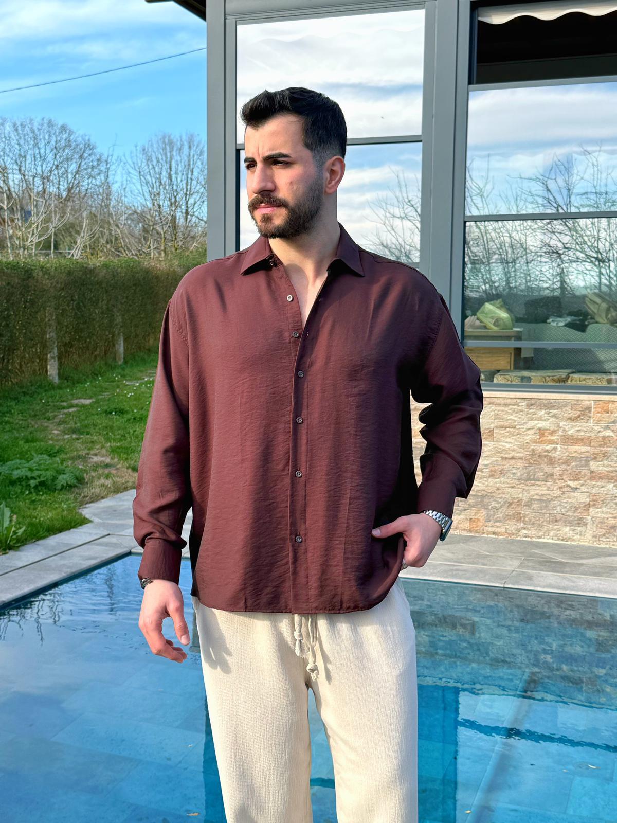 Kahverengi Viskon Keten Oversize Gömlek