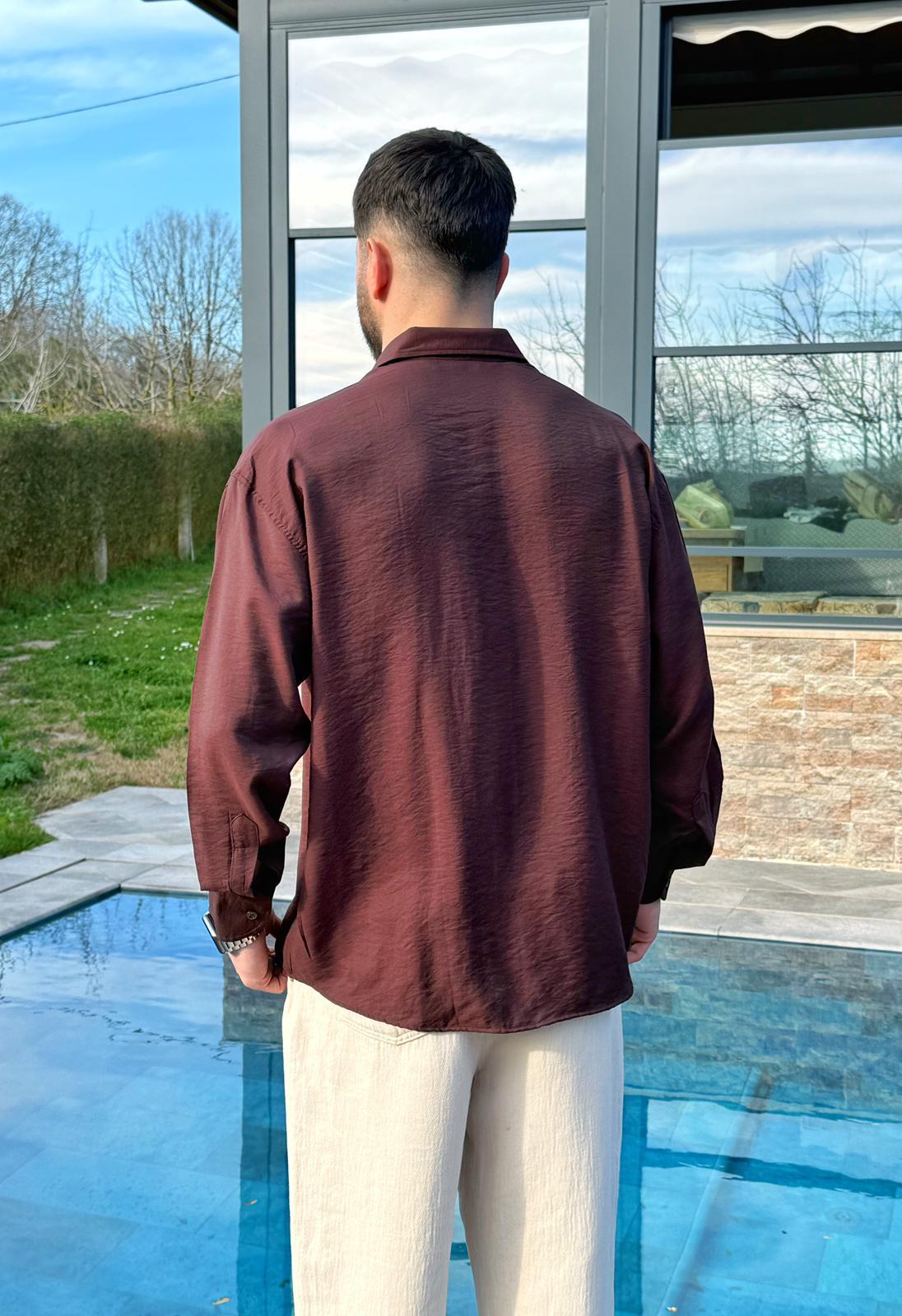 Kahverengi Viskon Keten Oversize Gömlek