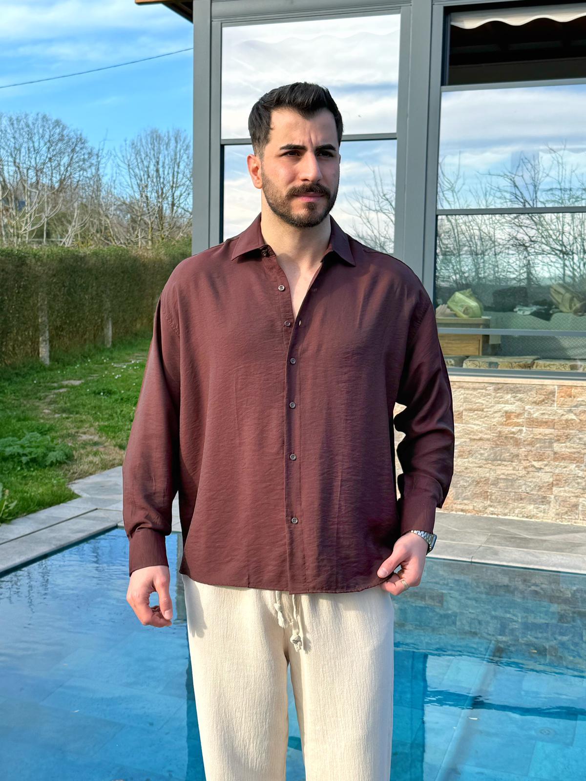 Kahverengi Viskon Keten Oversize Gömlek