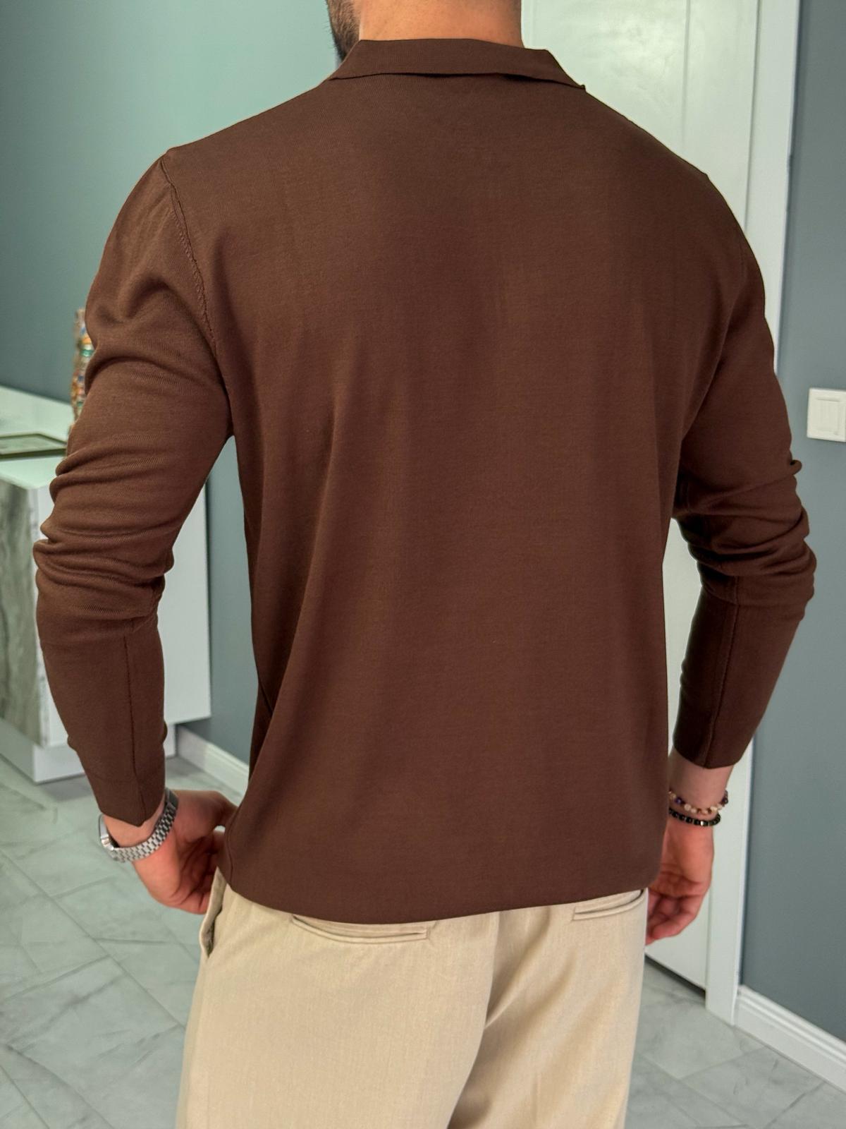 Kahverengi Yarım Fermuarlı Triko Sweat