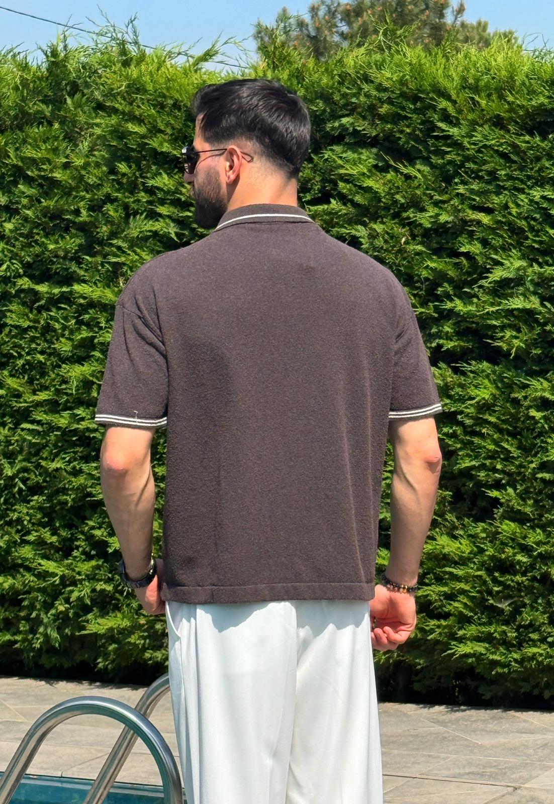 Kahverengi Yazlık Dokulu Polo Yaka Triko Tişört
