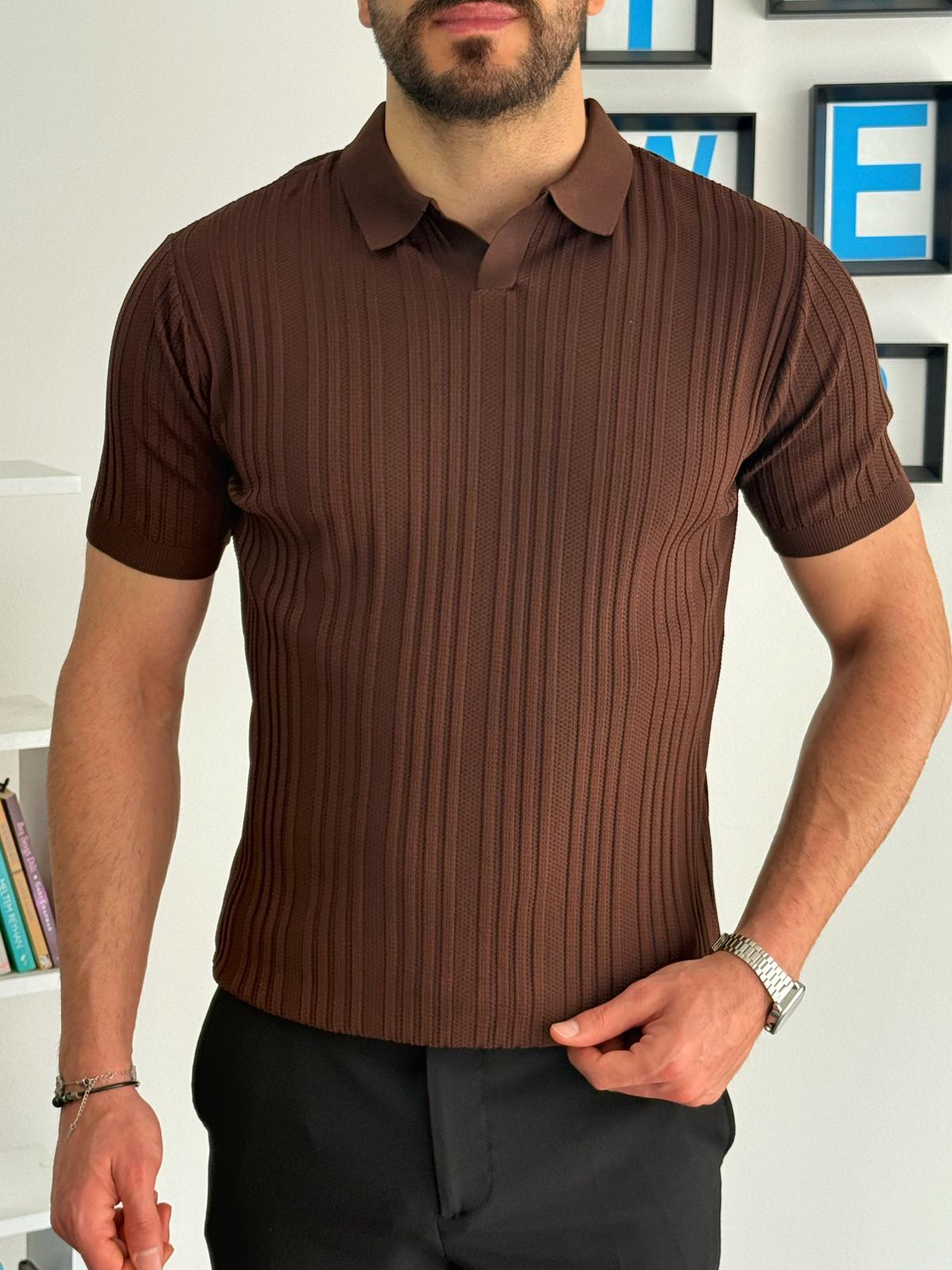 Kahverengi Yazlık Likralı Polo Yaka T-Shirt