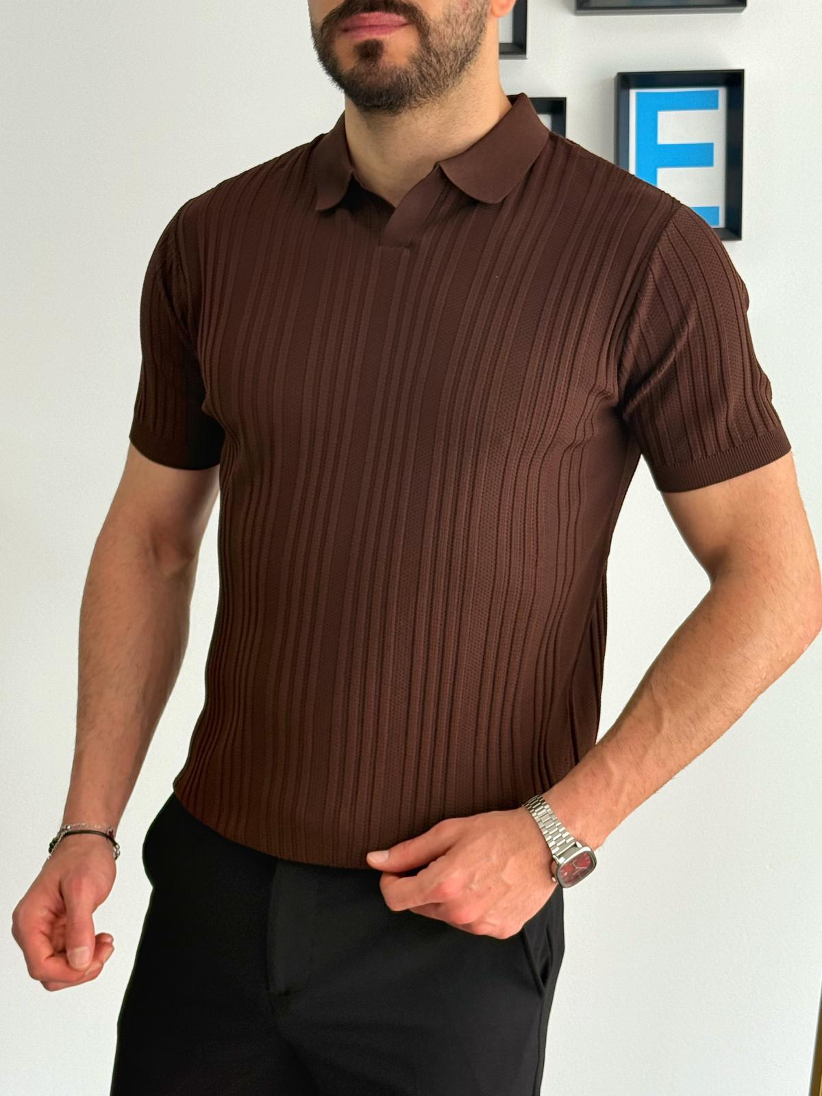 Kahverengi Yazlık Likralı Polo Yaka T-Shirt
