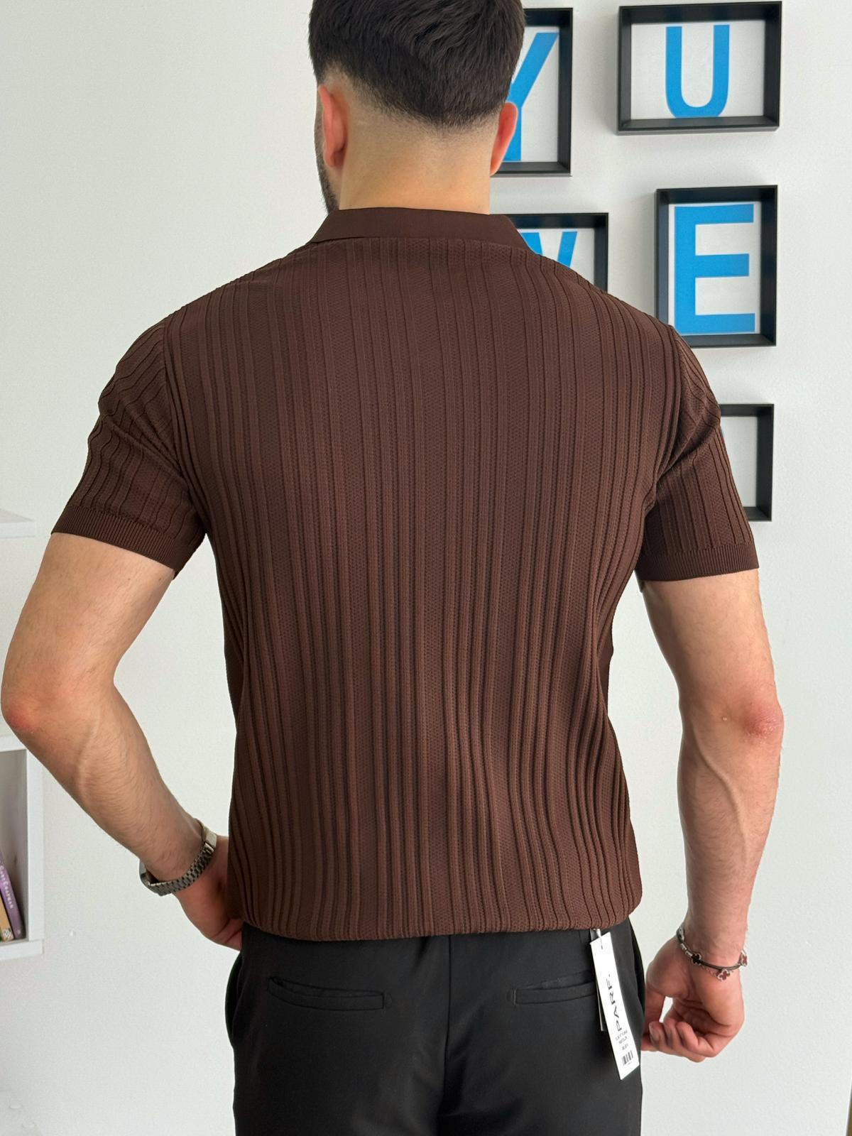 Kahverengi Yazlık Likralı Polo Yaka T-Shirt