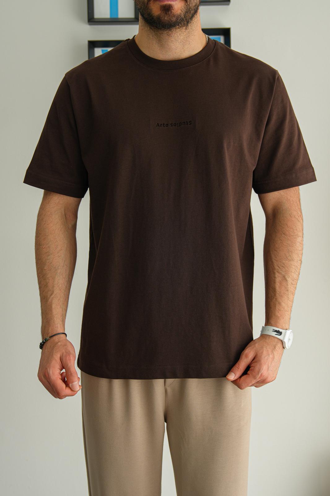 Kahverengi Yazlık Minimal Nakışlı Premium Basic T-Shirt