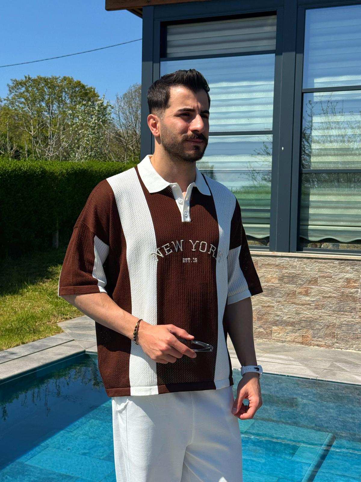 Kahverengi Yazlık New York Nakışlı Polo Yaka Triko