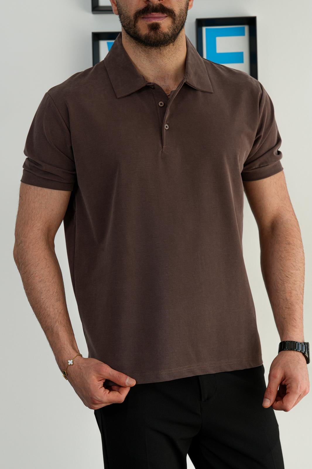 Kahverengi Yazlık Osyho Kumaş Likralı Tam Kalıp Polo T-Shirt