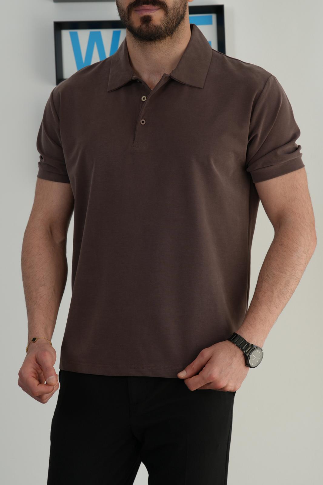 Kahverengi Yazlık Osyho Kumaş Likralı Tam Kalıp Polo T-Shirt