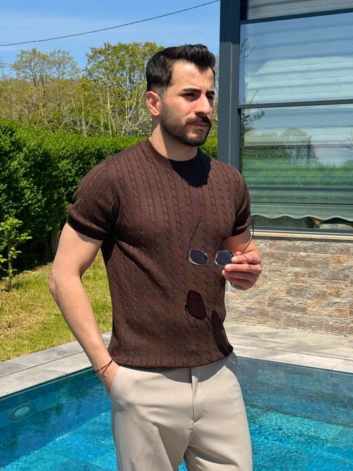 Kahverengi Yazlık Pamuklu Örgü Desenli Triko Tişört