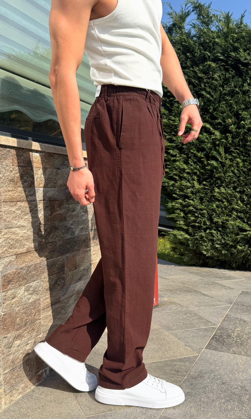 Kahverengi Yazlık Premium Keten Baggy Pantolon