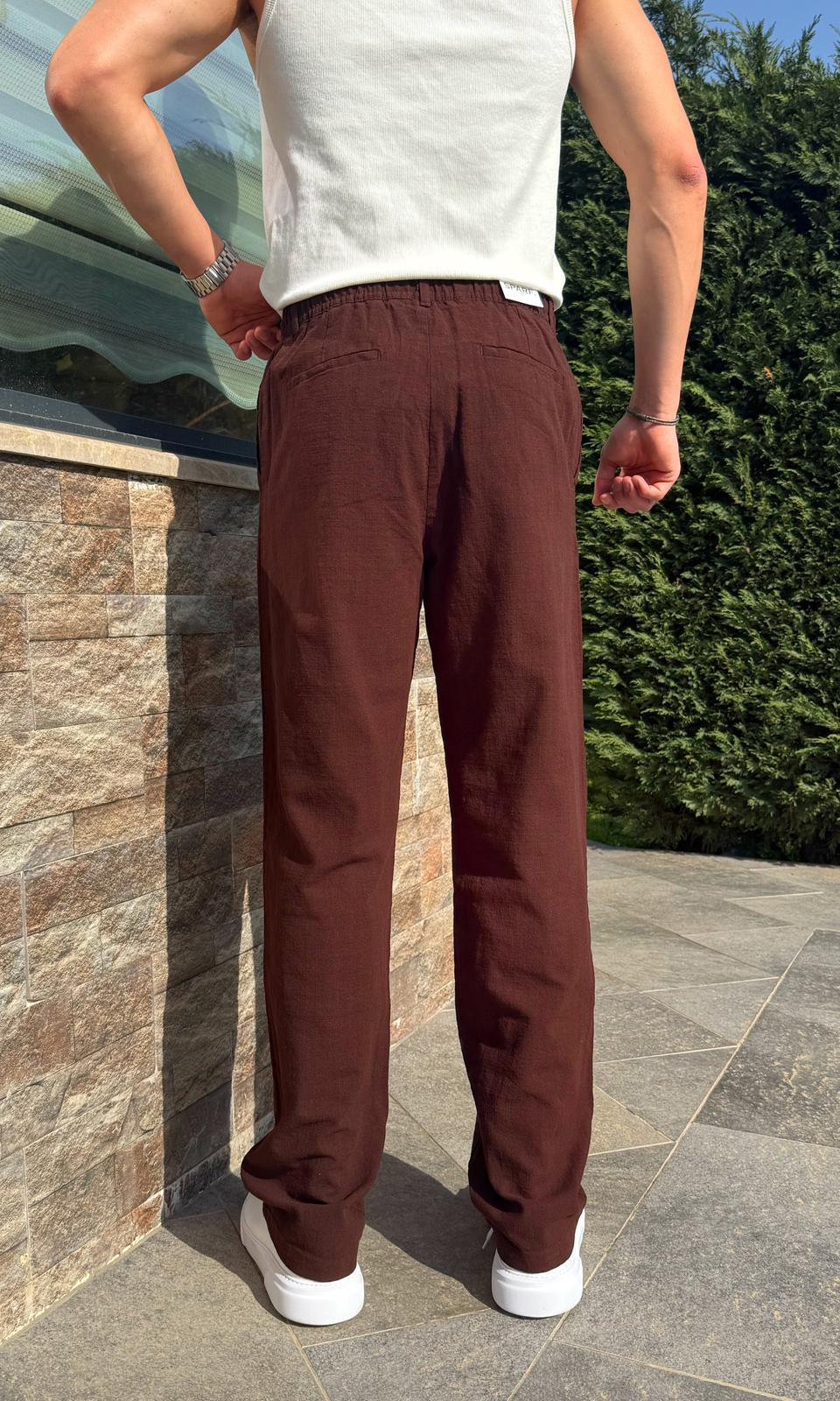 Kahverengi Yazlık Premium Keten Baggy Pantolon