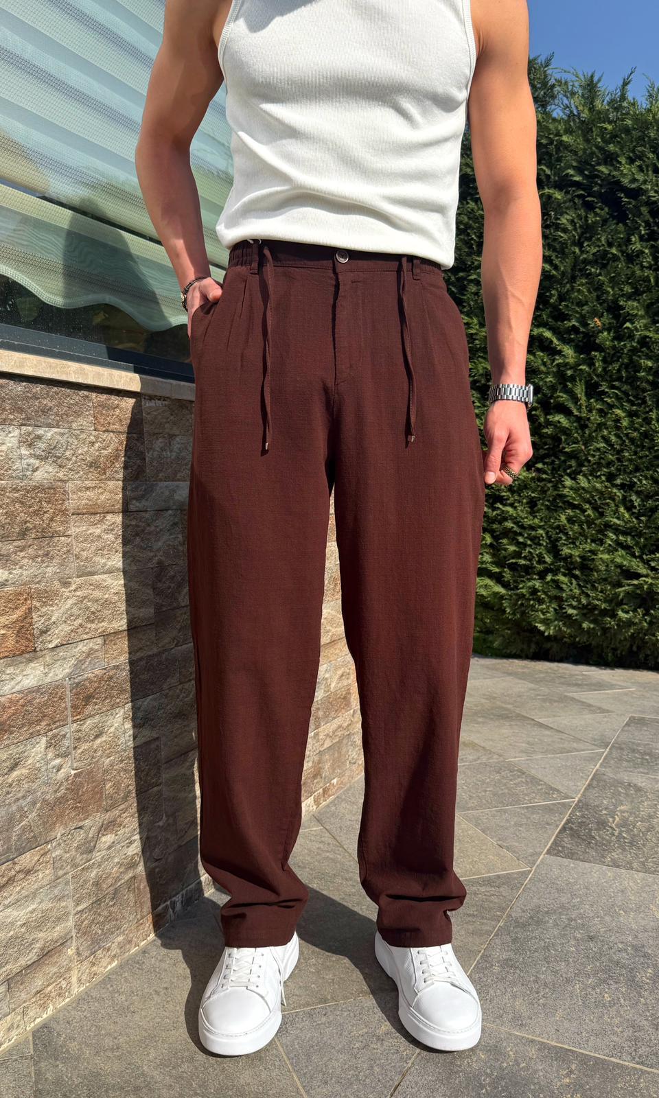 Kahverengi Yazlık Premium Keten Baggy Pantolon