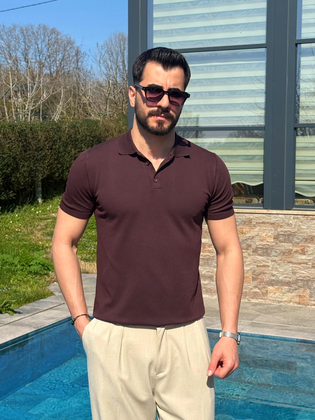 Kahverengi Yazlık Worteks Polo Yaka Düğmeli T-Shirt