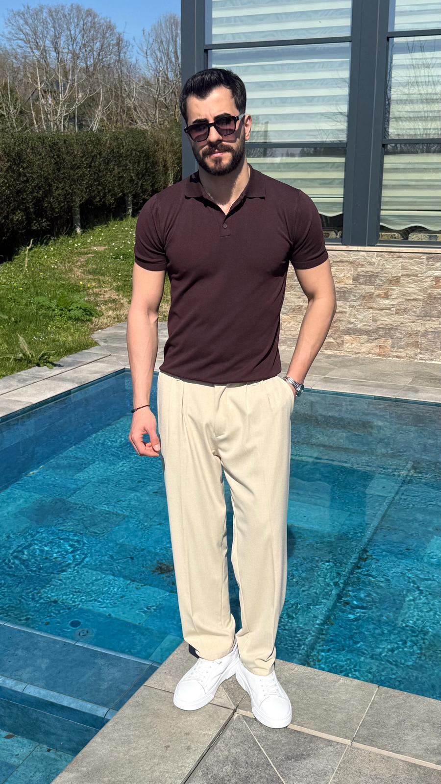 Kahverengi Yazlık Worteks Polo Yaka Düğmeli T-Shirt