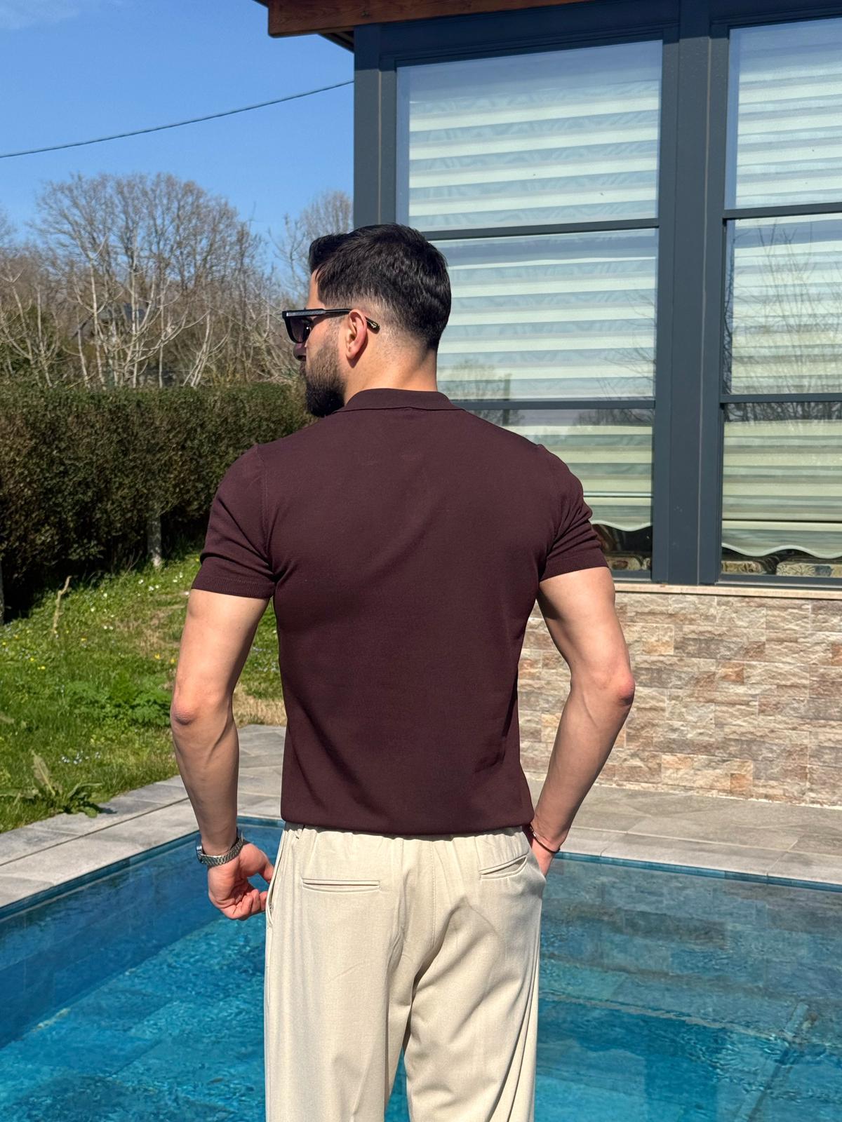 Kahverengi Yazlık Worteks Polo Yaka Düğmeli T-Shirt