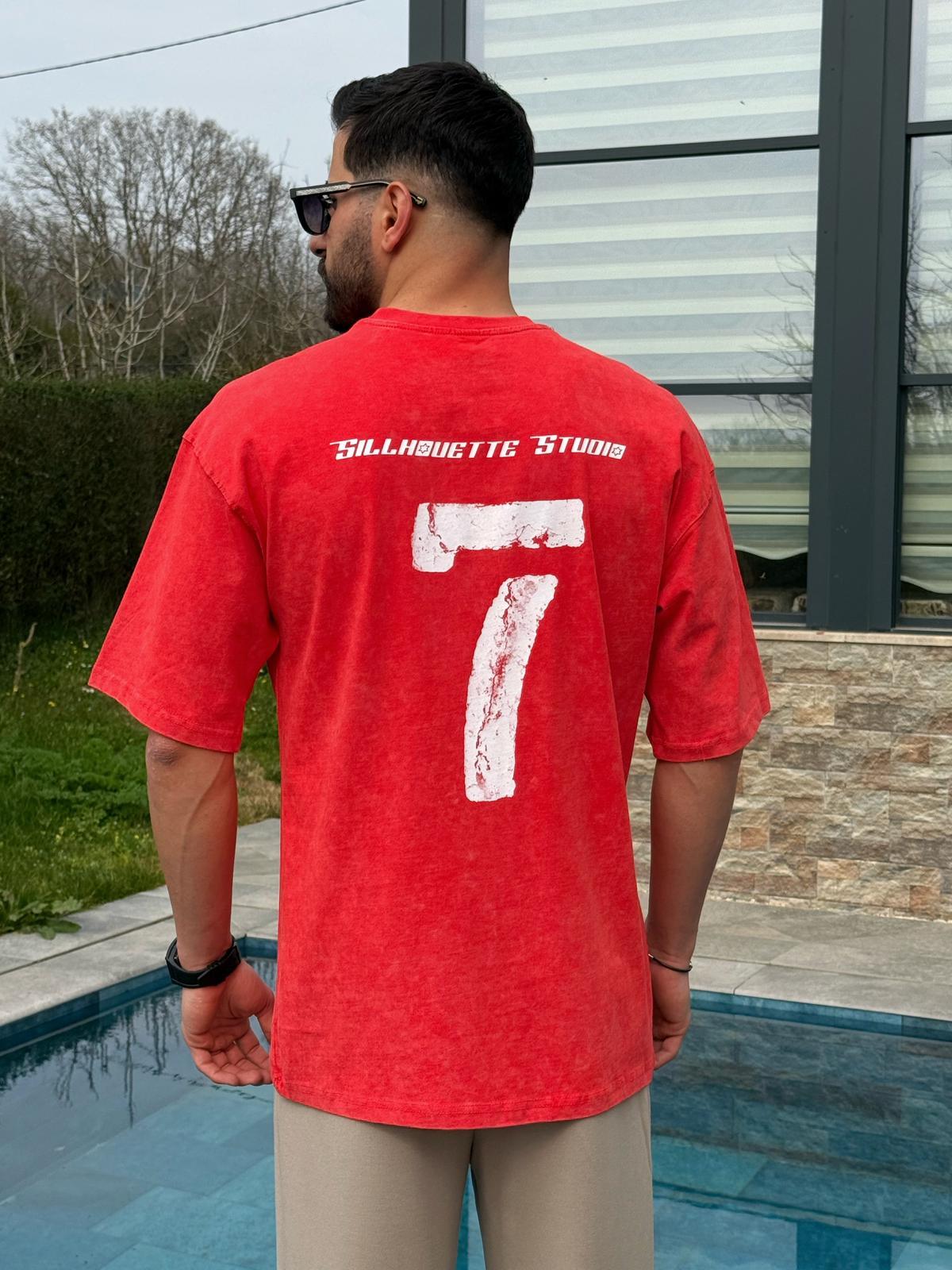Kırmızı Vintage Yıkamalı 7 Baskılı Oversize T-Shirt