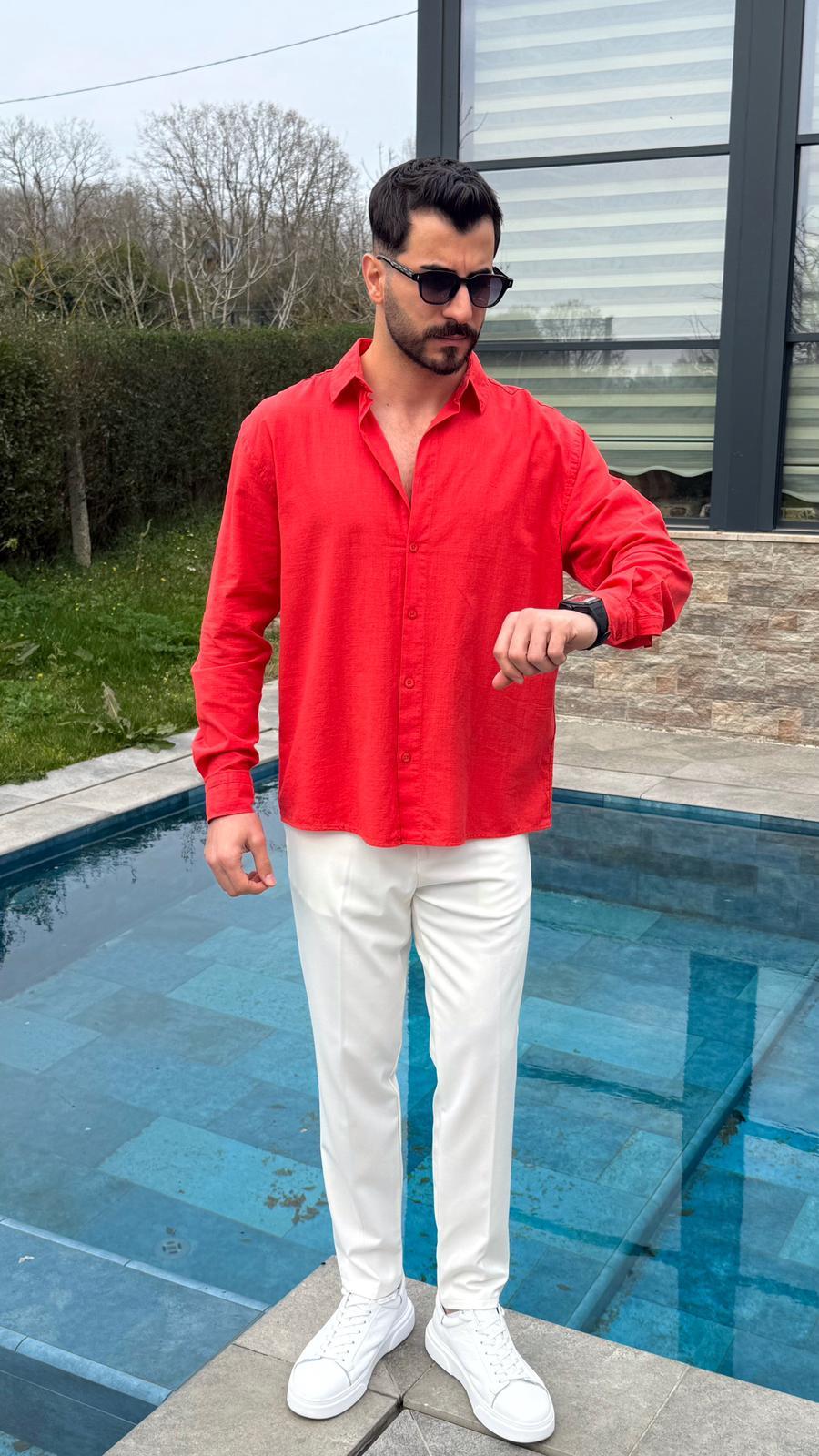 Kırmızı Yazlık Fresh Keten Kumaş Tam Kalıp Gömlek