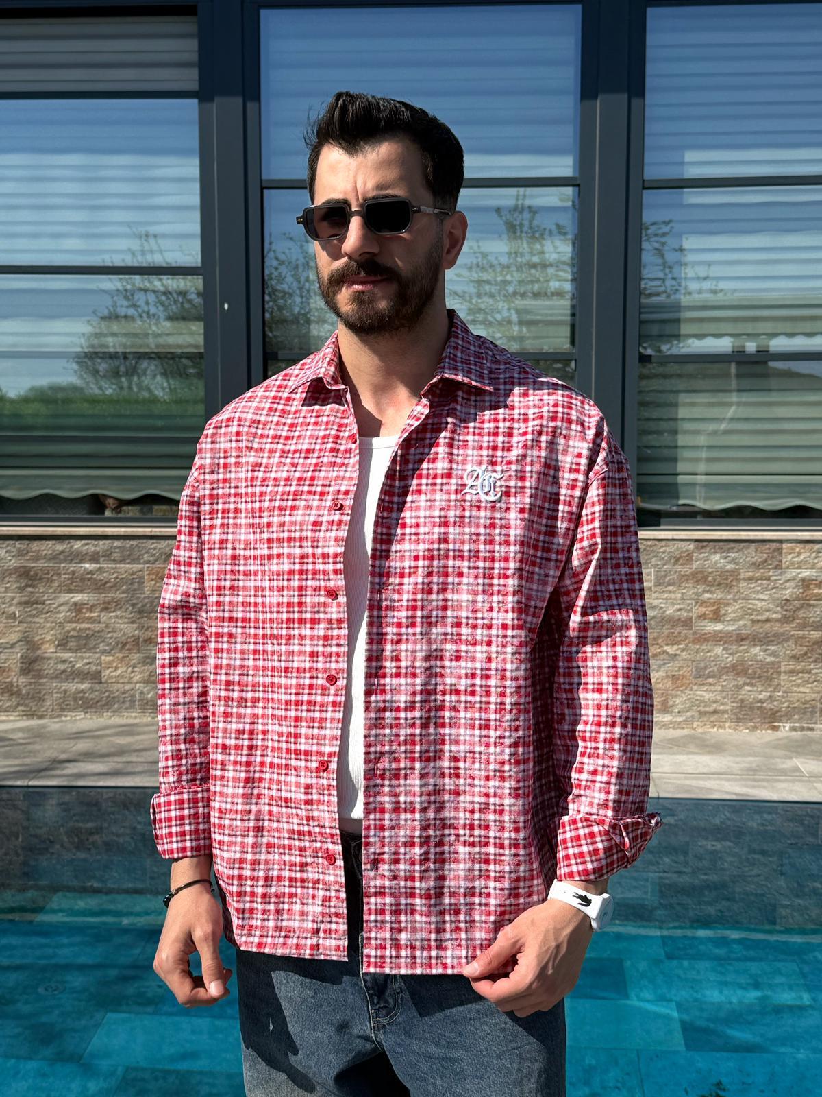 Kırmızı Yazlık Yıkamalı AC Nakışlı Oversize Gömlek