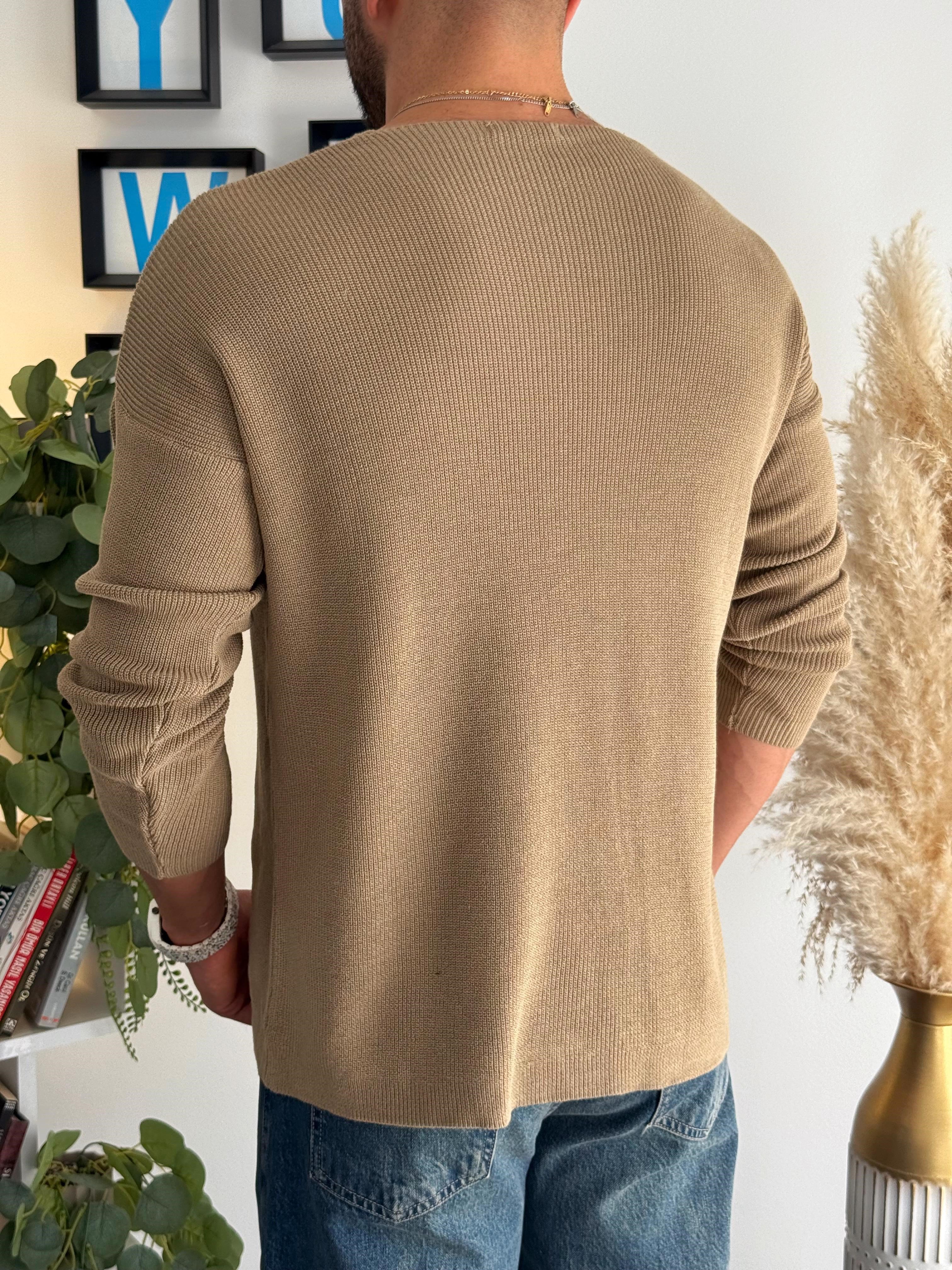 Krem Açık Yaka İnce Triko Sweat 