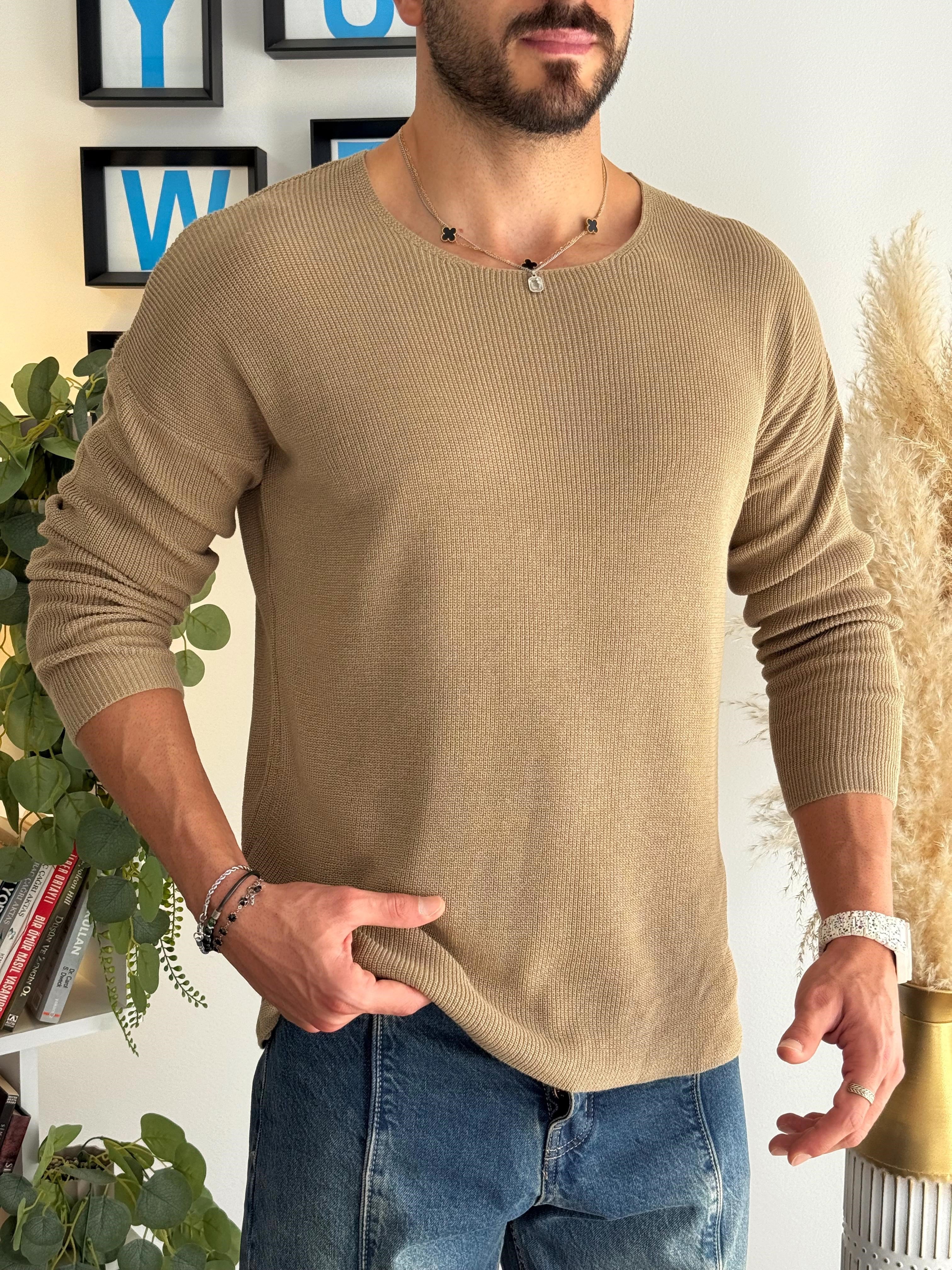 Krem Açık Yaka İnce Triko Sweat 