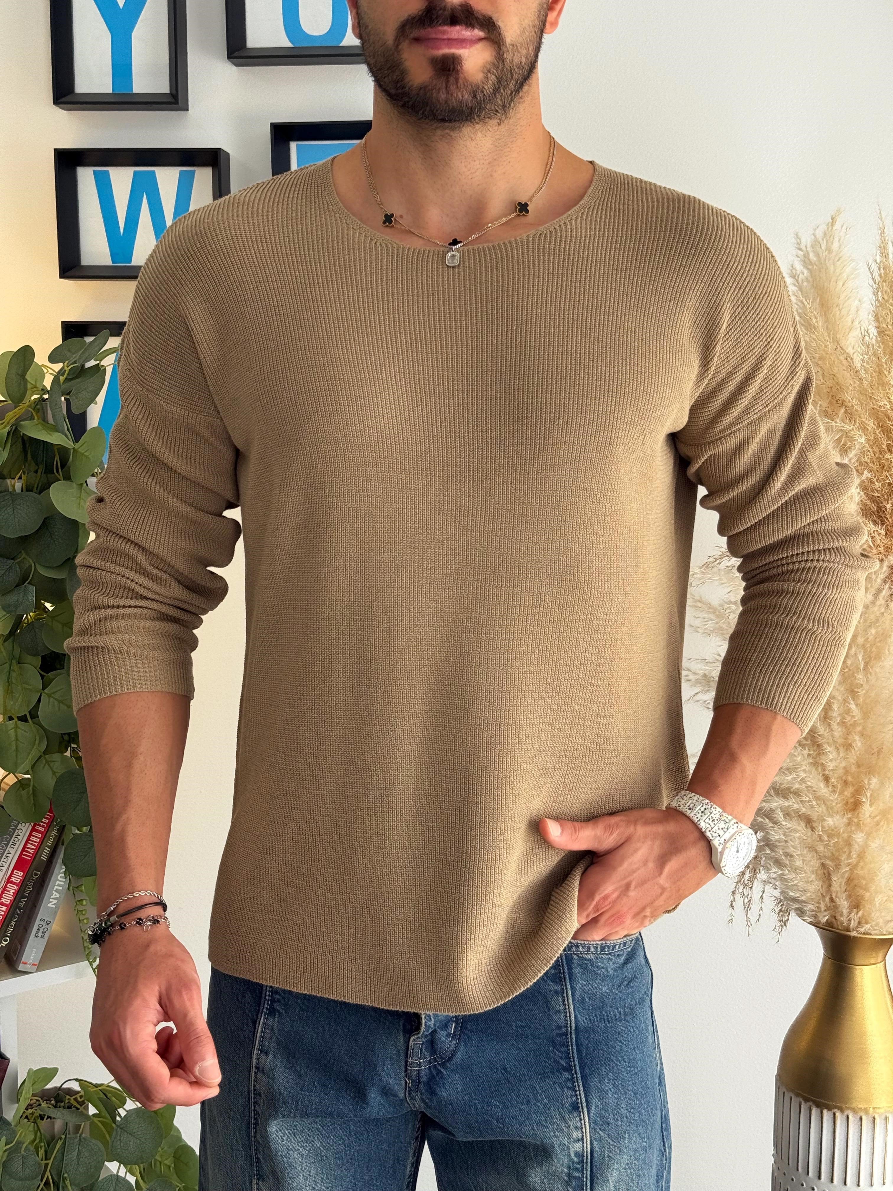 Krem Açık Yaka İnce Triko Sweat 