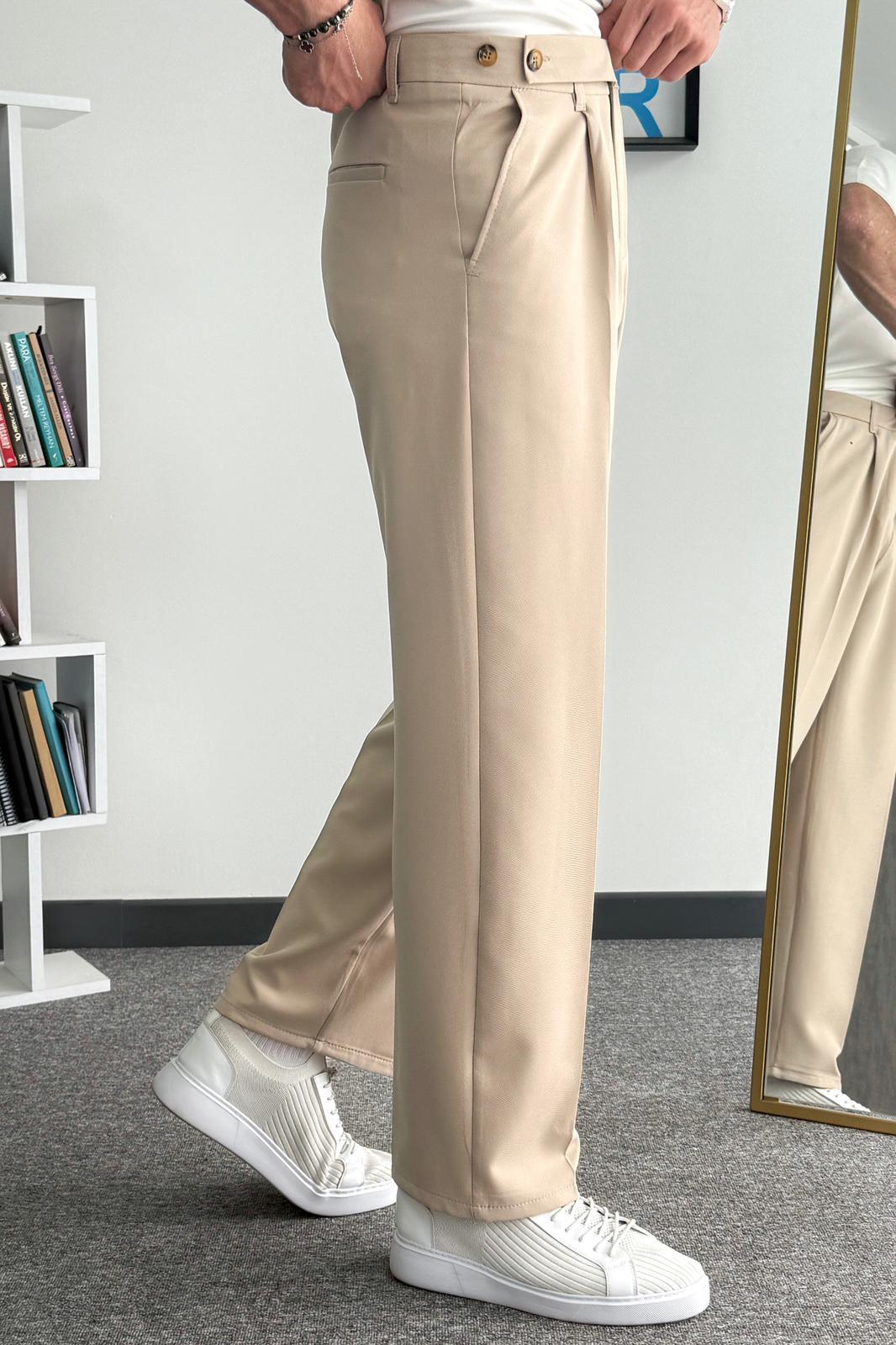 Krem Çift Düğmeli Pileli Baggy Kumaş Pantolon