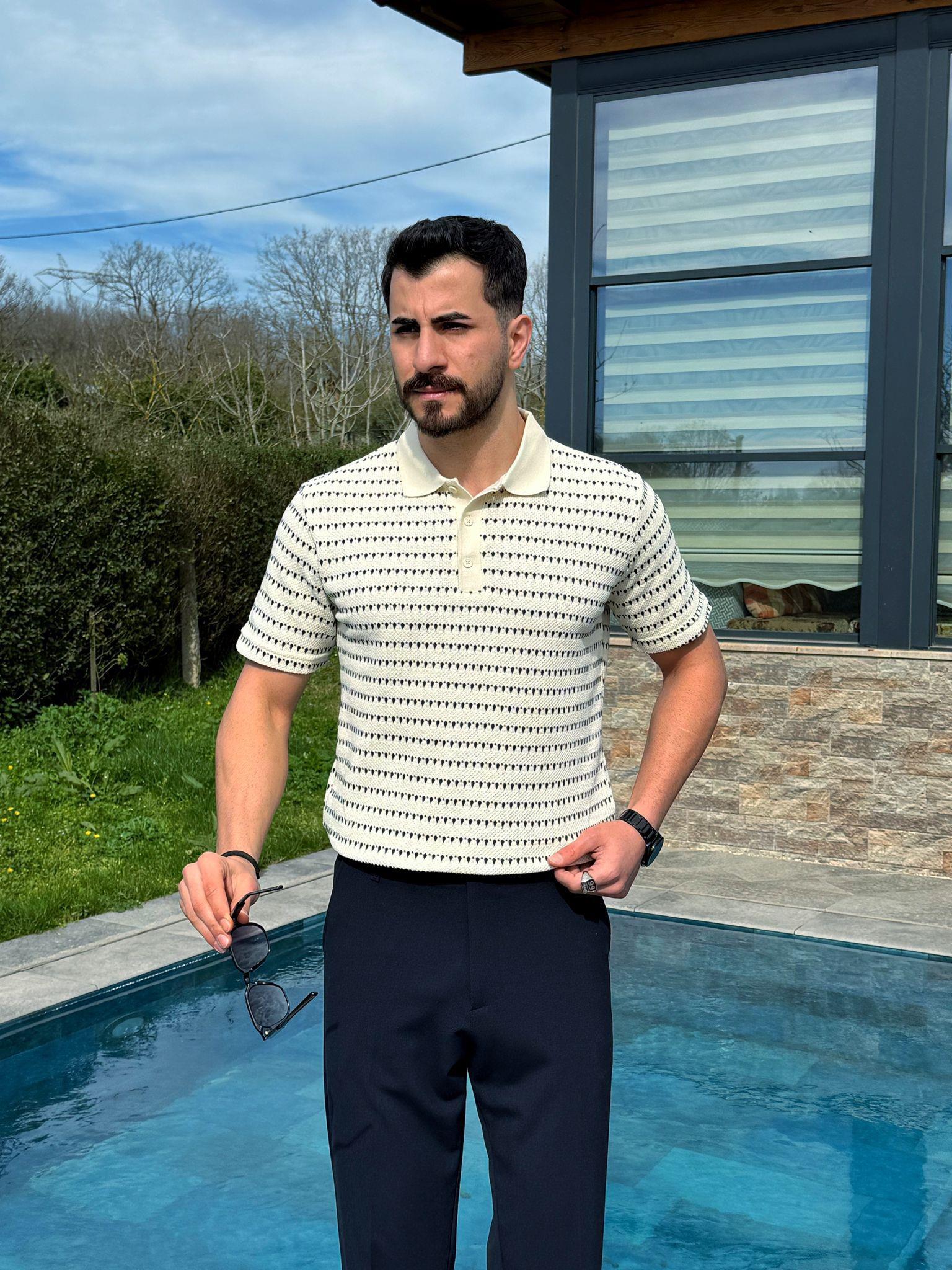 Krem Dokulu Yazlık Polo Yaka T-Shirt