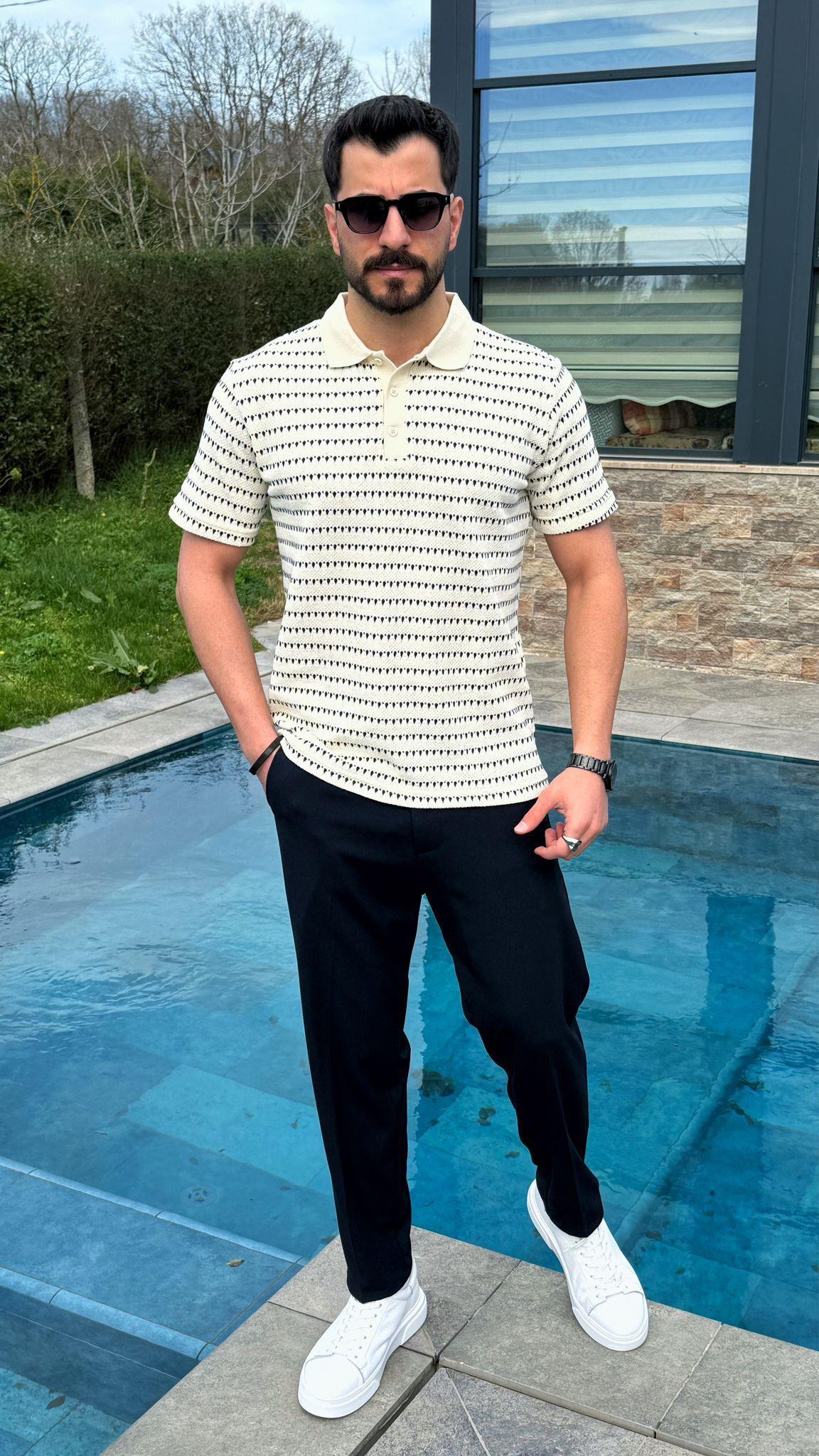 Krem Dokulu Yazlık Polo Yaka T-Shirt