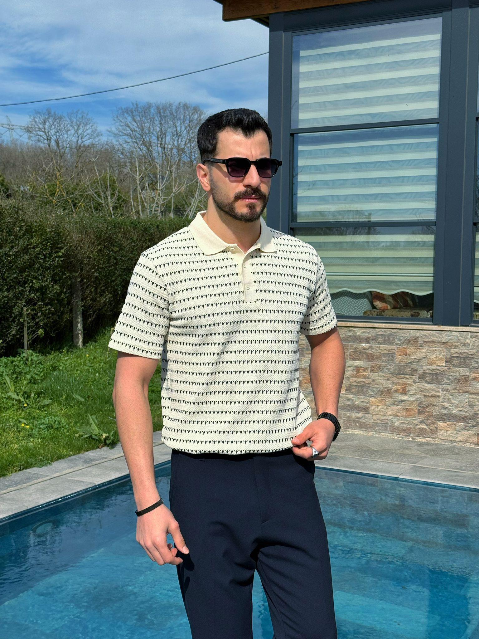Krem Dokulu Yazlık Polo Yaka T-Shirt