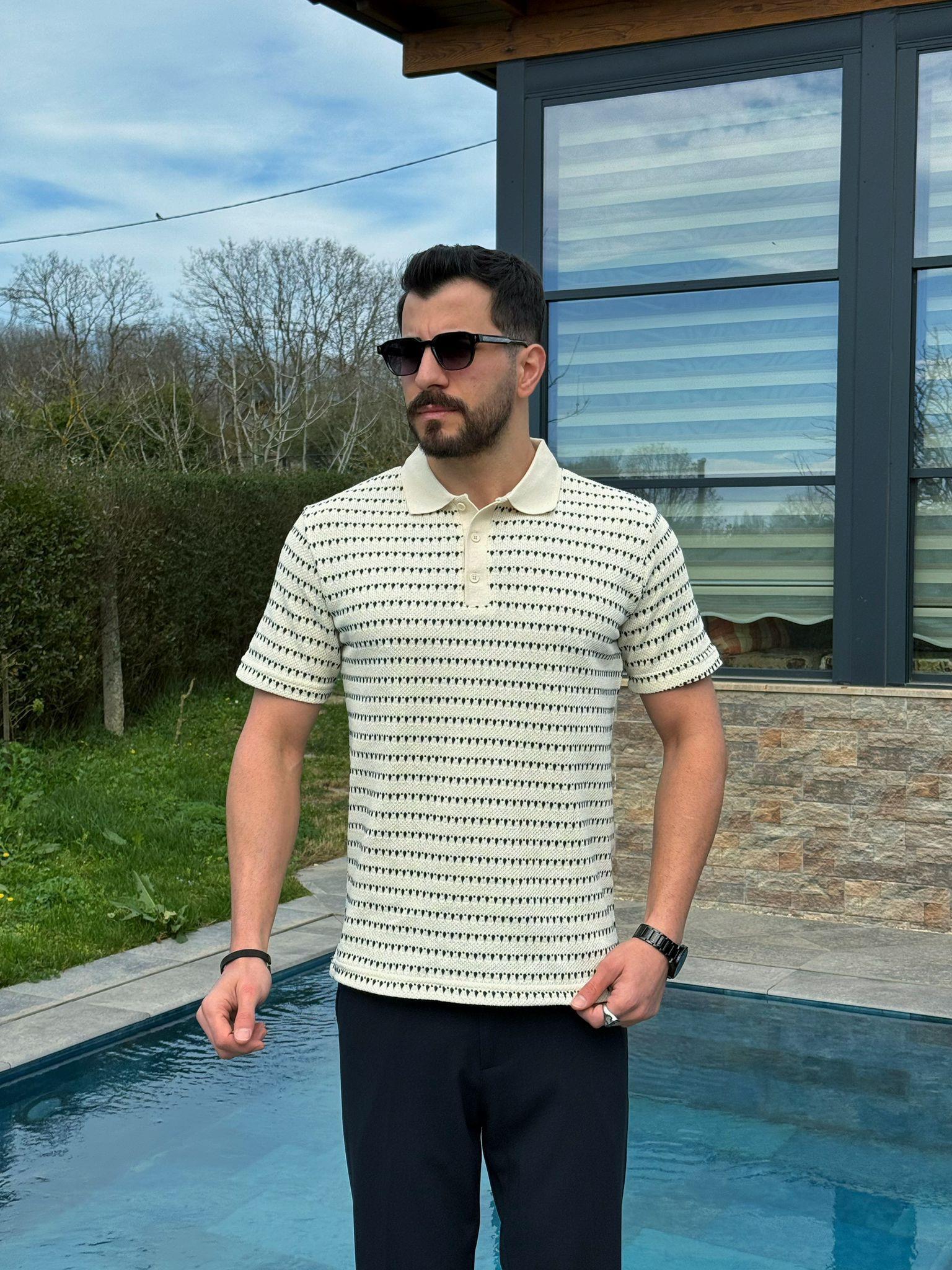 Krem Dokulu Yazlık Polo Yaka T-Shirt