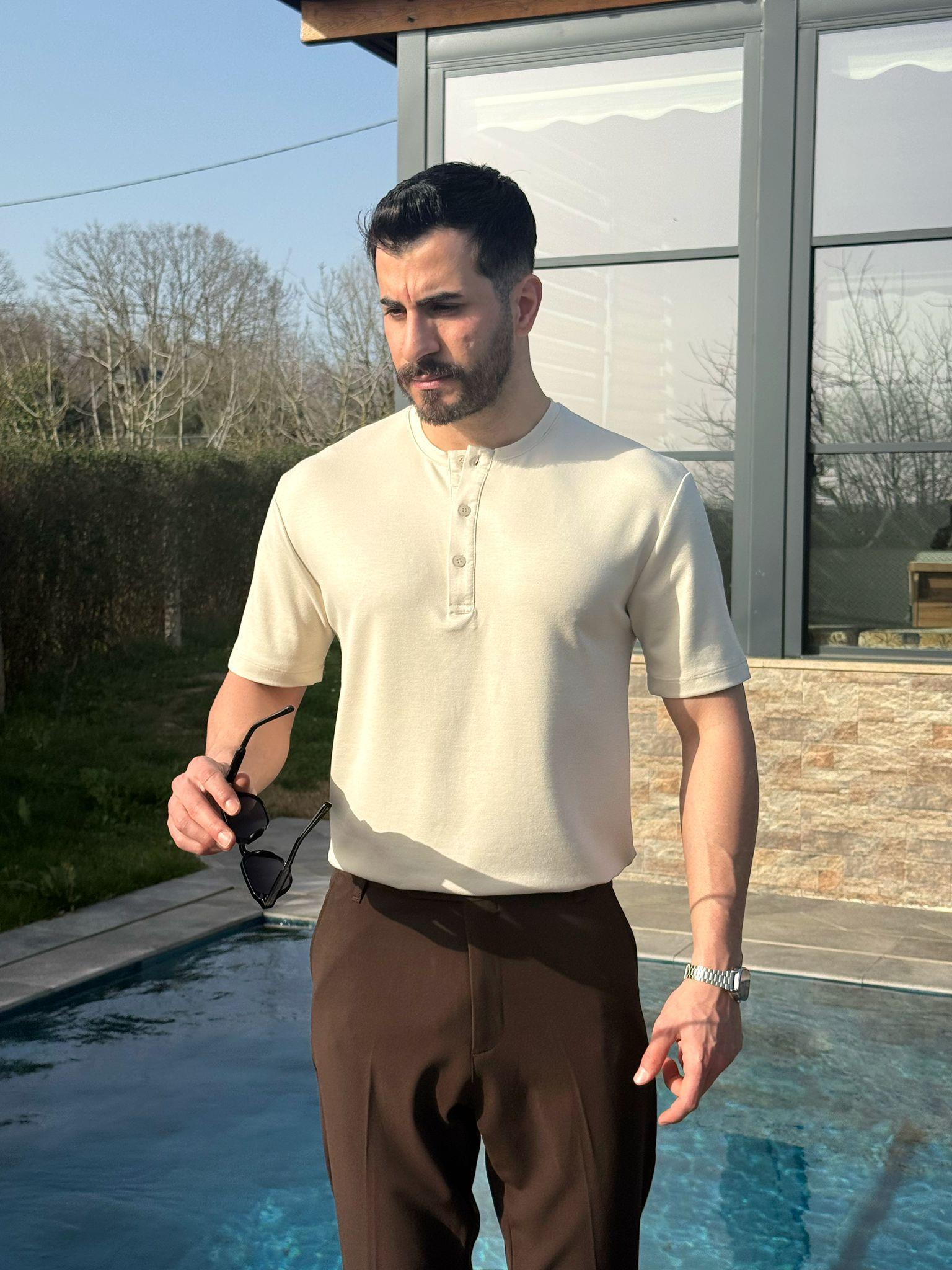 Krem Osyh Kumaş Oval Kesim T-Shirt