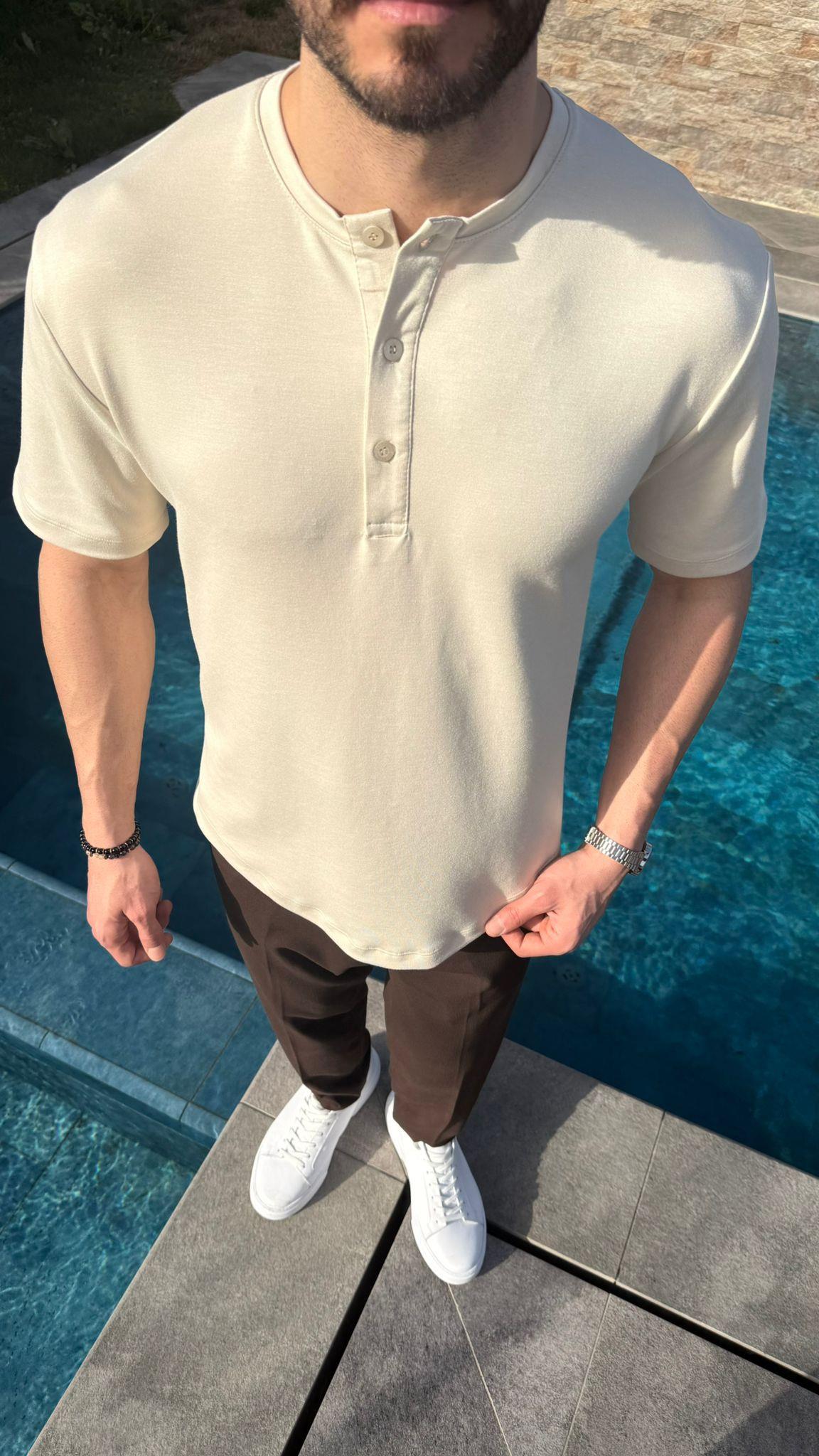 Krem Osyh Kumaş Oval Kesim T-Shirt