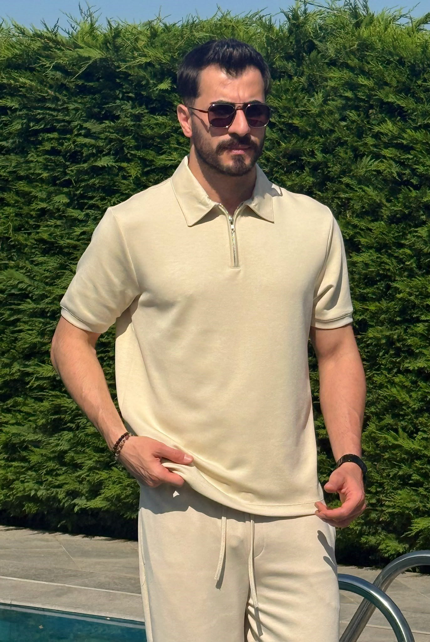 Krem Osyh Kumaş Yarım Fermuarlı T-Shirt