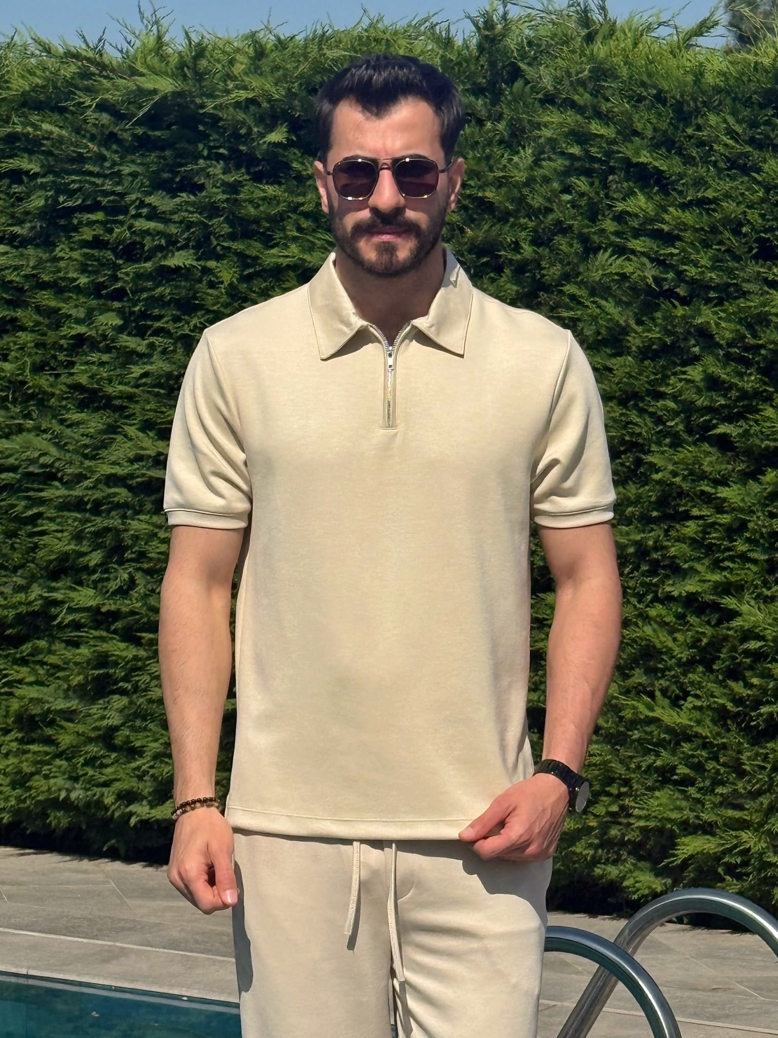 Krem Osyh Kumaş Yarım Fermuarlı T-Shirt