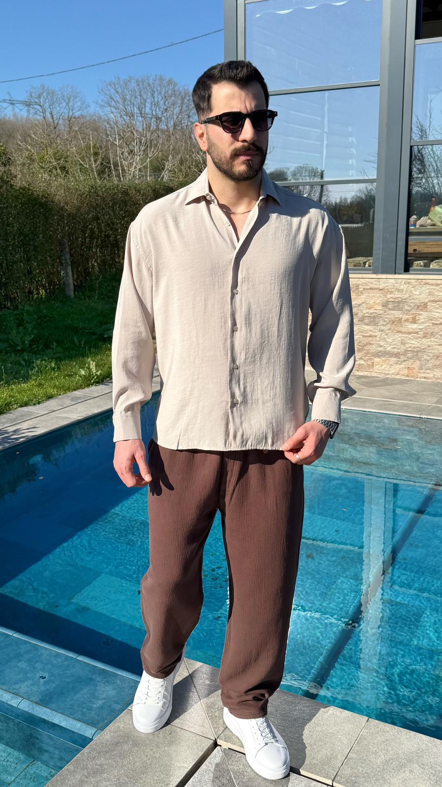 Krem Oversize Modern Modal Gömlek