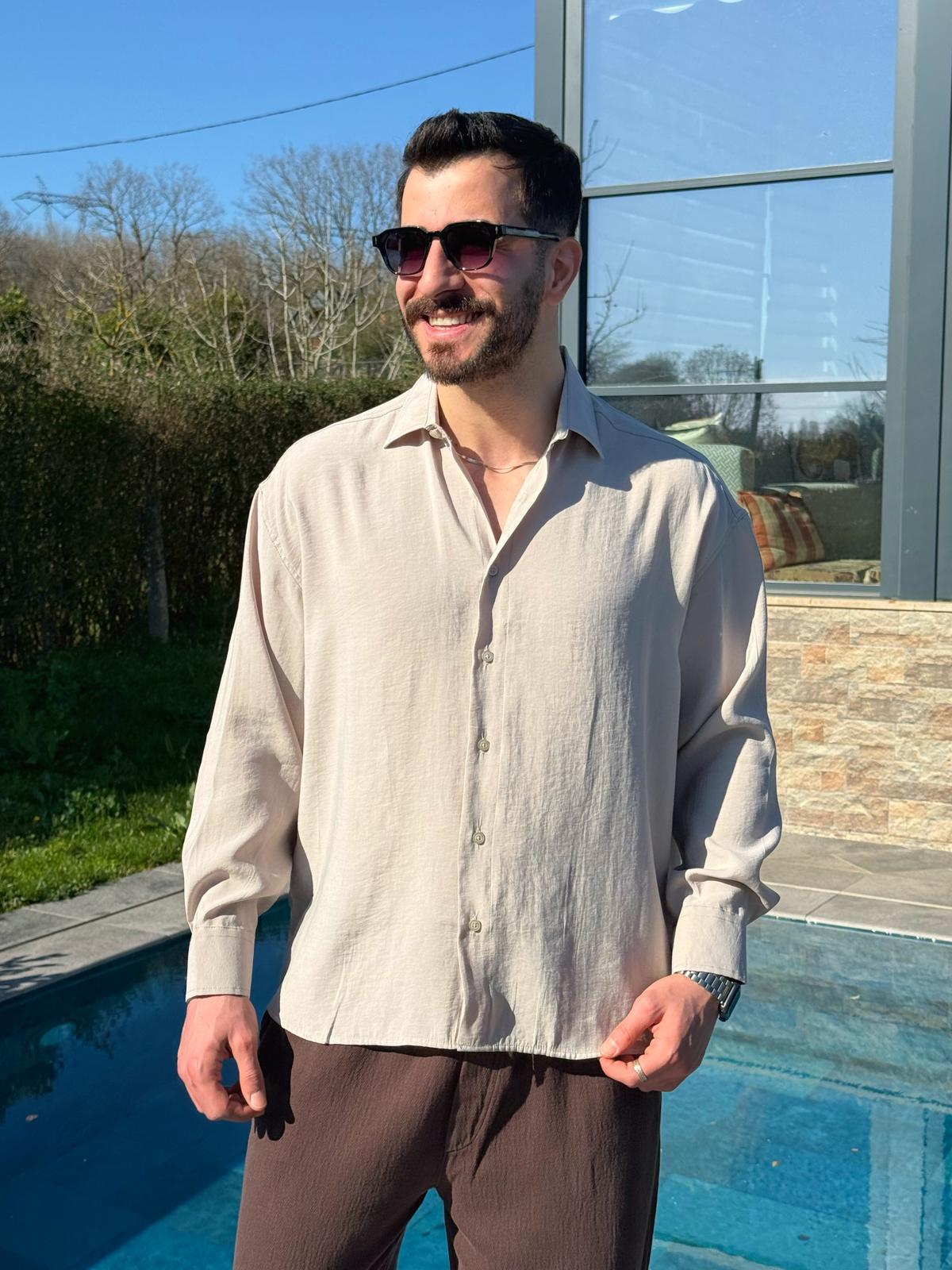 Krem Oversize Modern Modal Gömlek