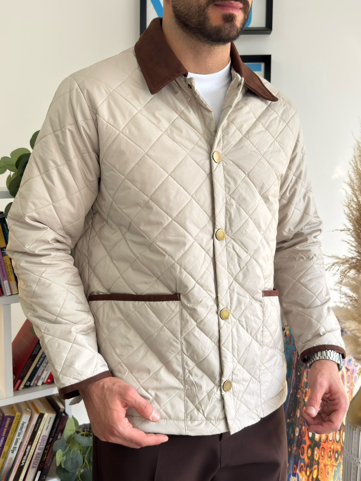Krem Oxford Kapitone Ceket