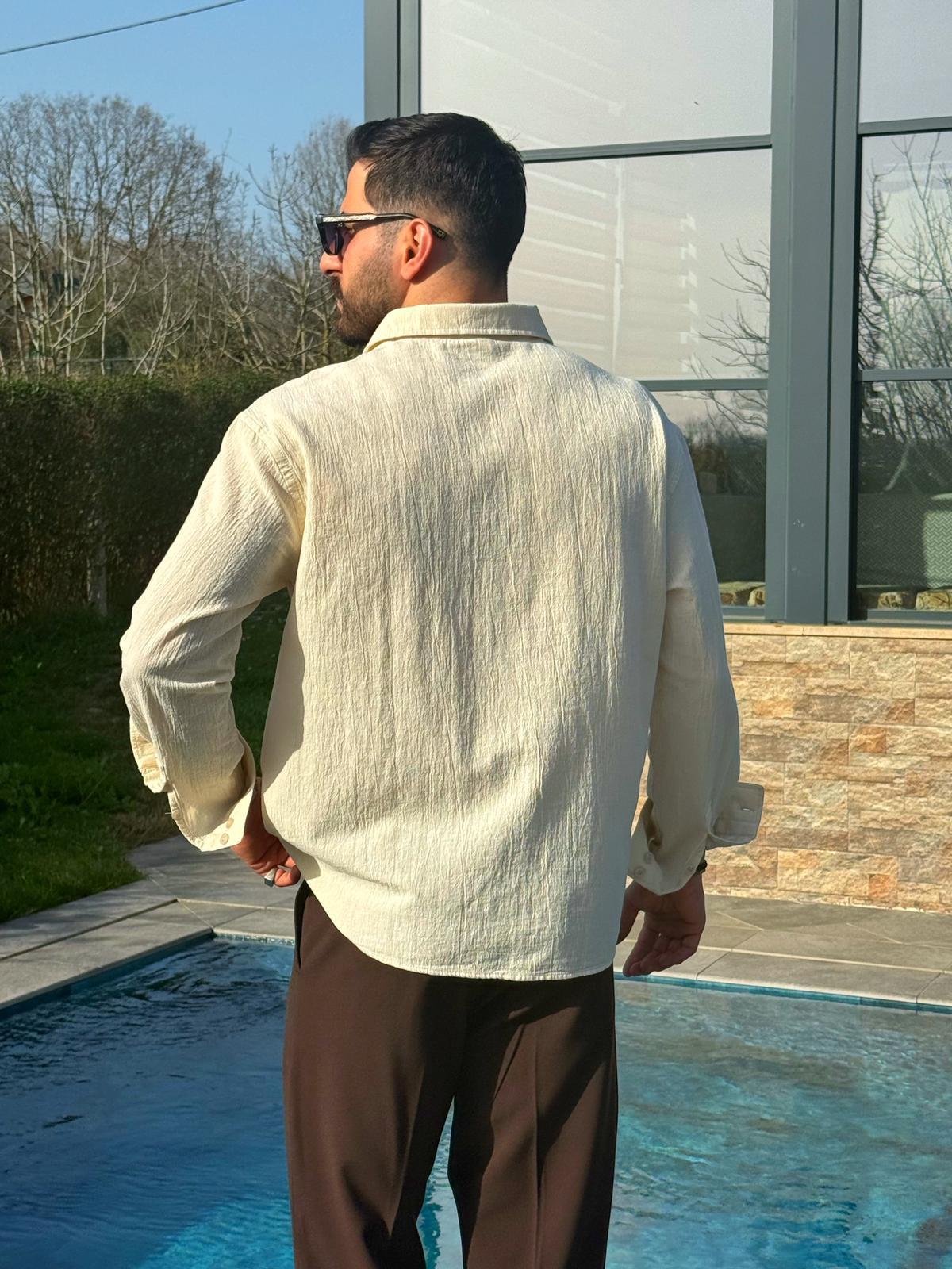 Krem Premium Fit Krinkıl Keten Gömlek