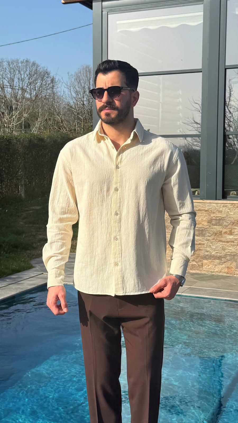 Krem Premium Fit Krinkıl Keten Gömlek